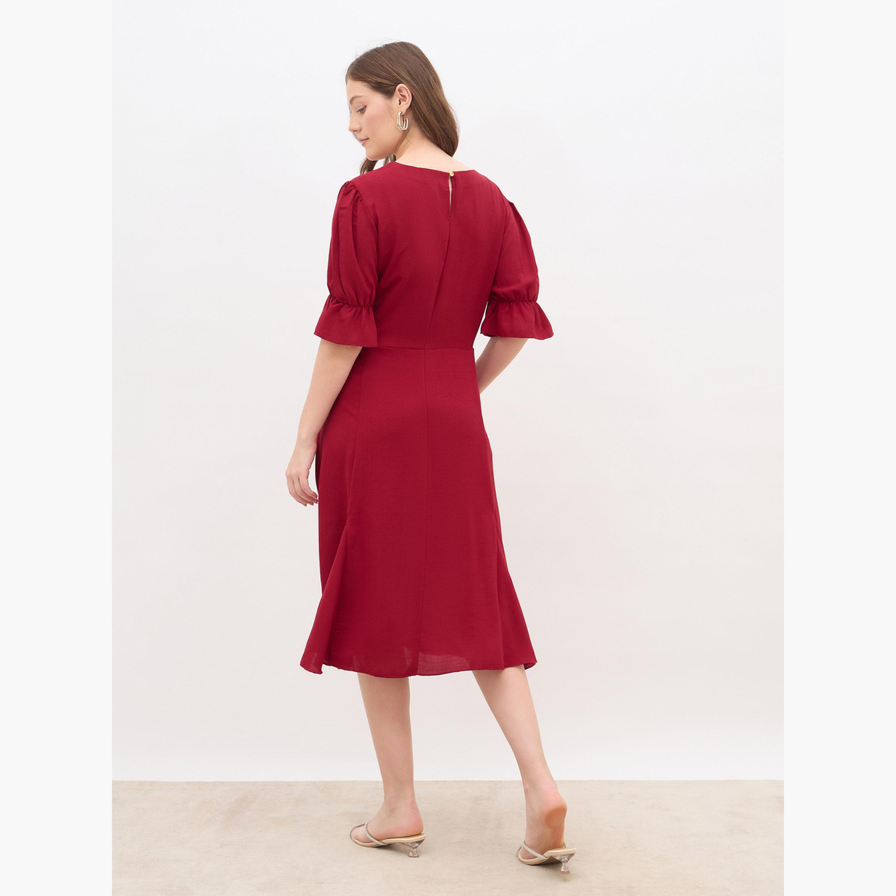 Styli Women Burgundy A-Line Midi Dress-women-clothing-dresses-image-5