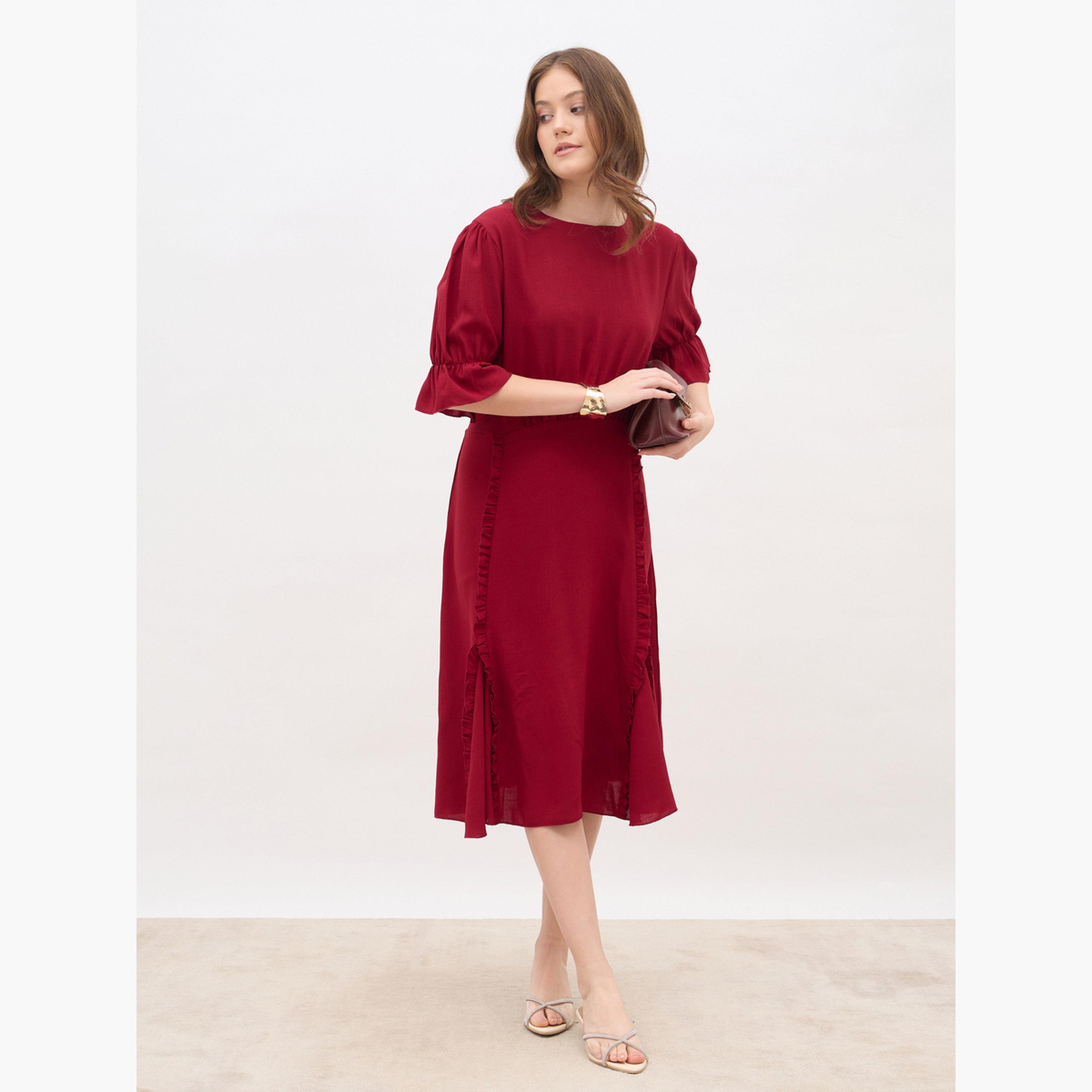 Styli Women Burgundy A-Line Midi Dress-women-clothing-dresses-image-6