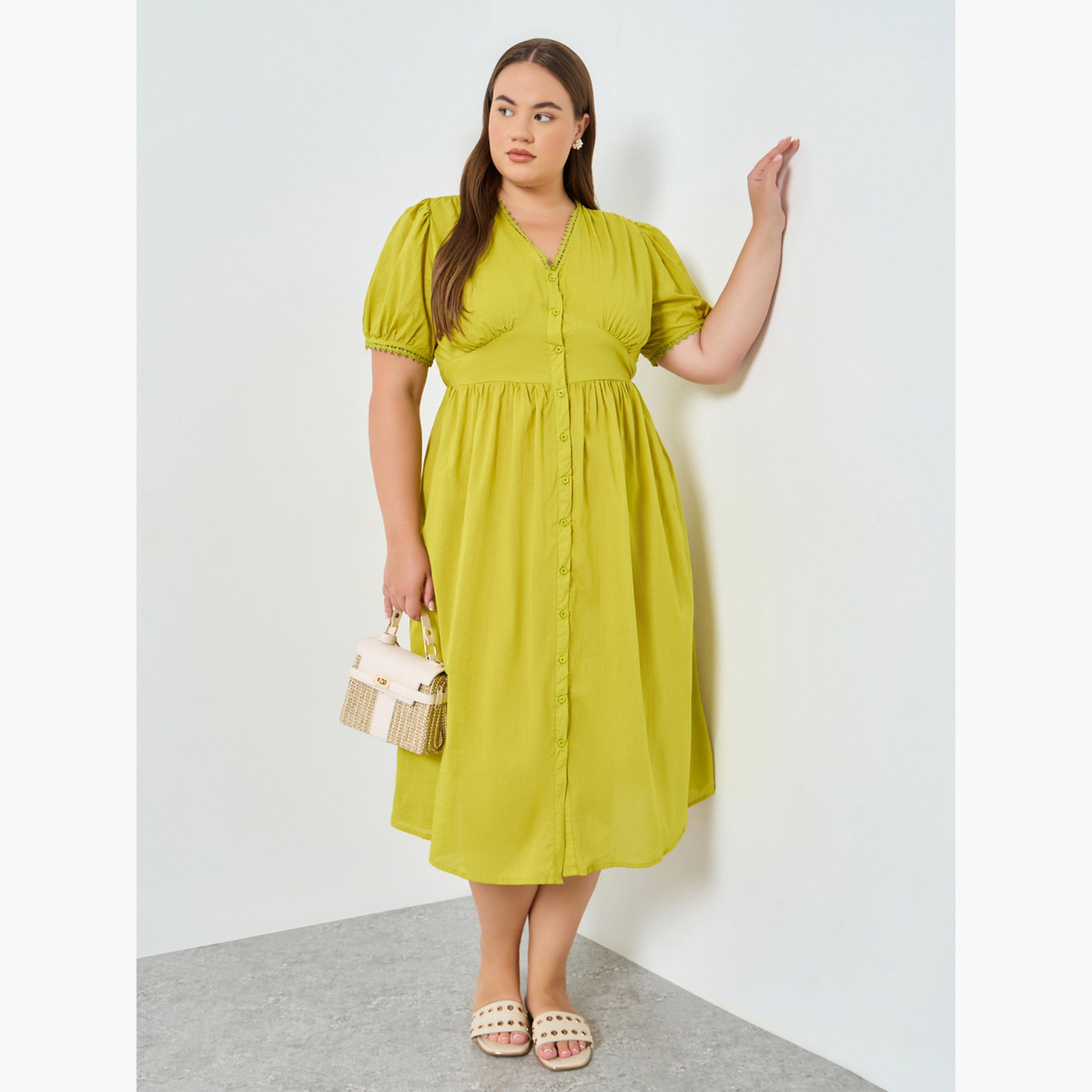 فستان ميدي قطن بأكمام منفوخة مقاس كبير-women-clothing-dresses-image-1