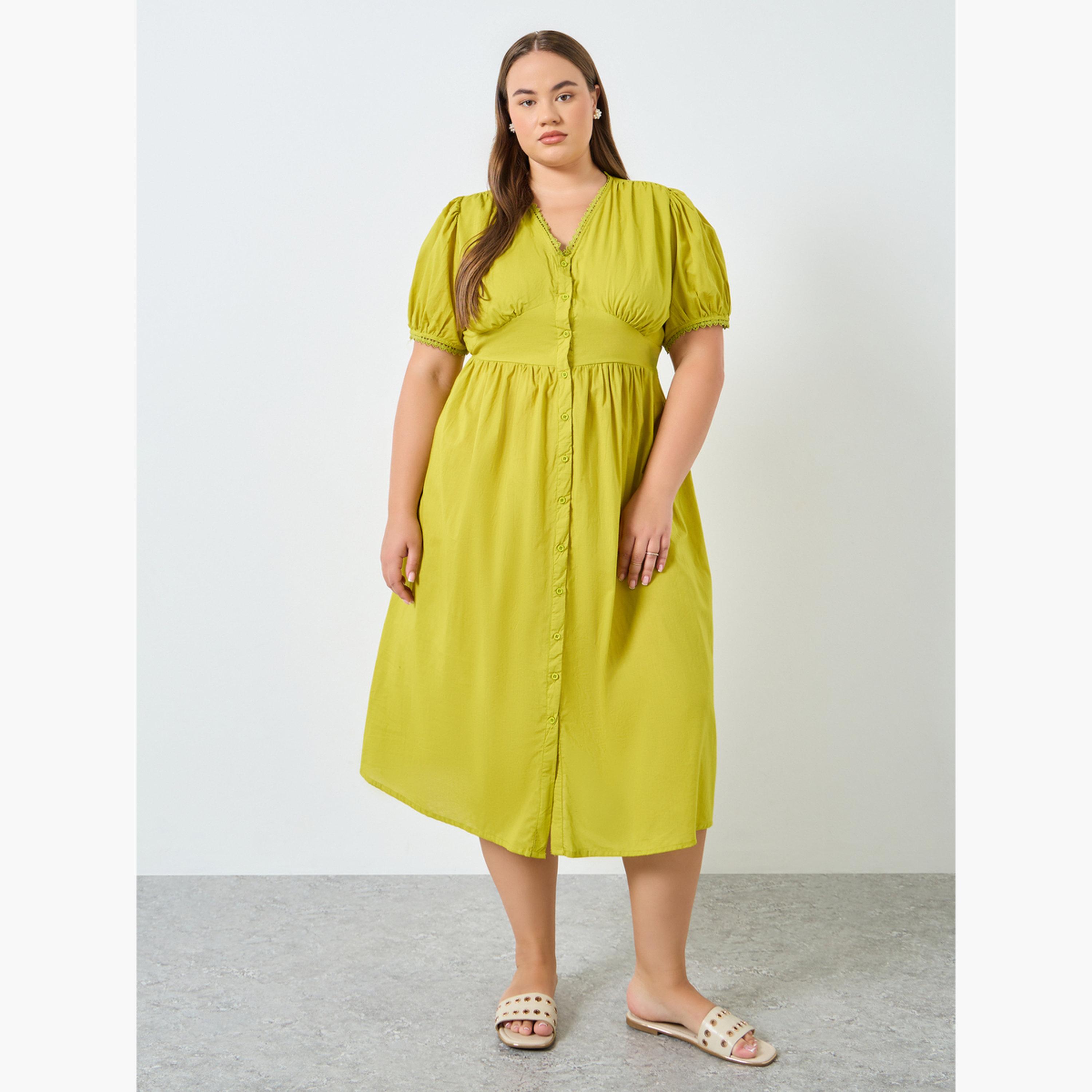 فستان ميدي قطن بأكمام منفوخة مقاس كبير-women-clothing-dresses-image-2