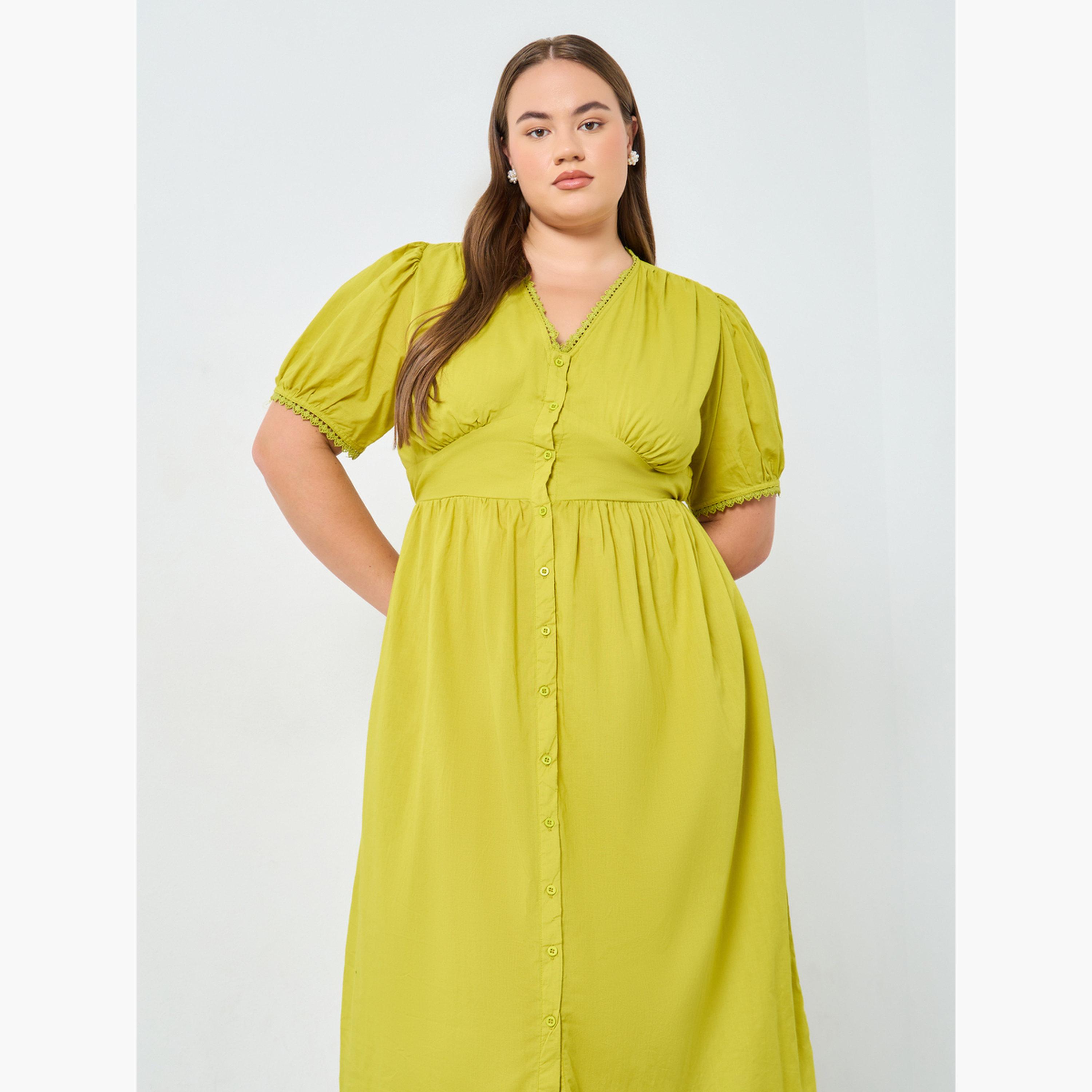 فستان ميدي قطن بأكمام منفوخة مقاس كبير-women-clothing-dresses-image-3
