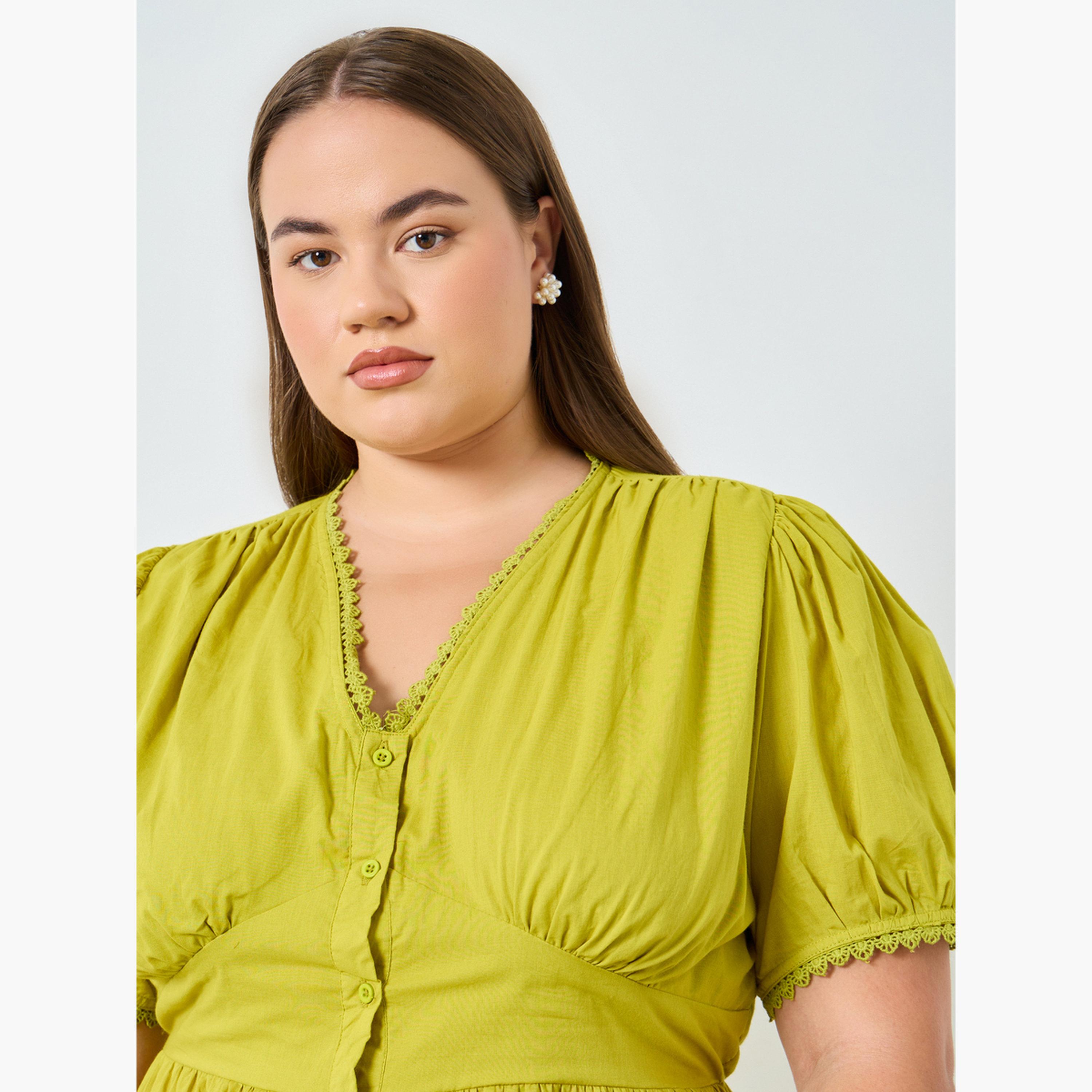 فستان ميدي قطن بأكمام منفوخة مقاس كبير-women-clothing-dresses-image-4
