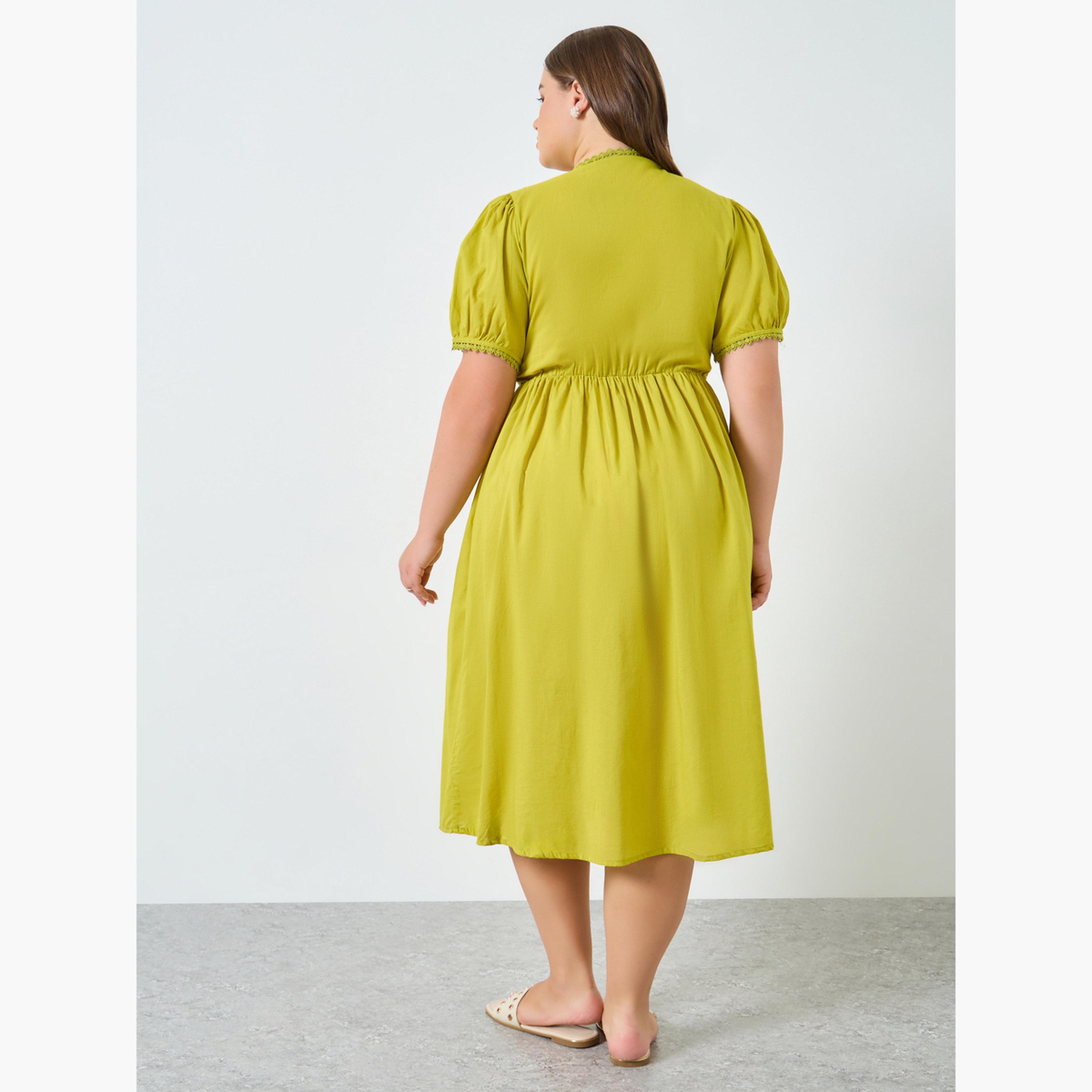 فستان ميدي قطن بأكمام منفوخة مقاس كبير-women-clothing-dresses-image-5