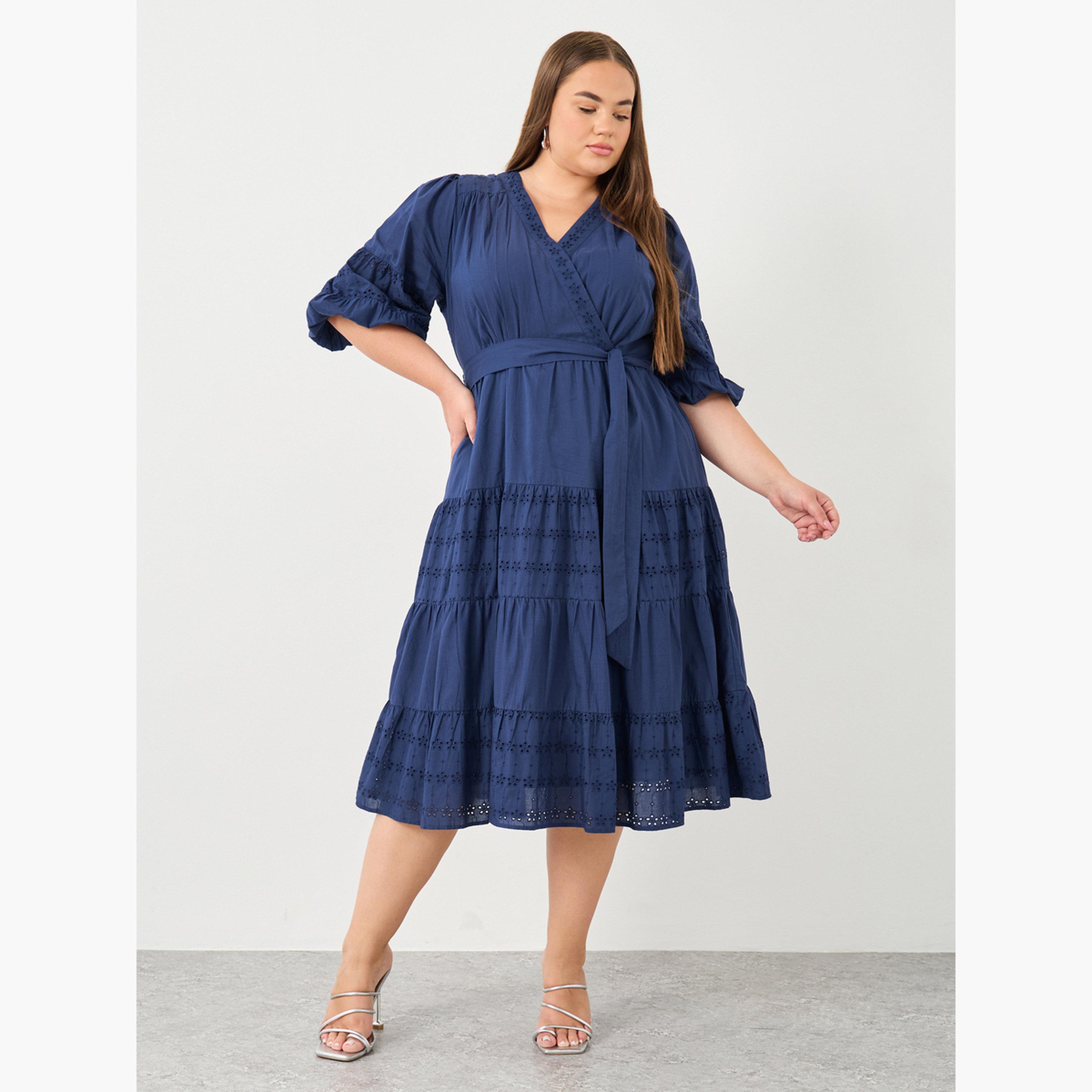 فستان ميدي لف مقاس كبير بتفاصيل شيفلي-women-clothing-dresses-image-2