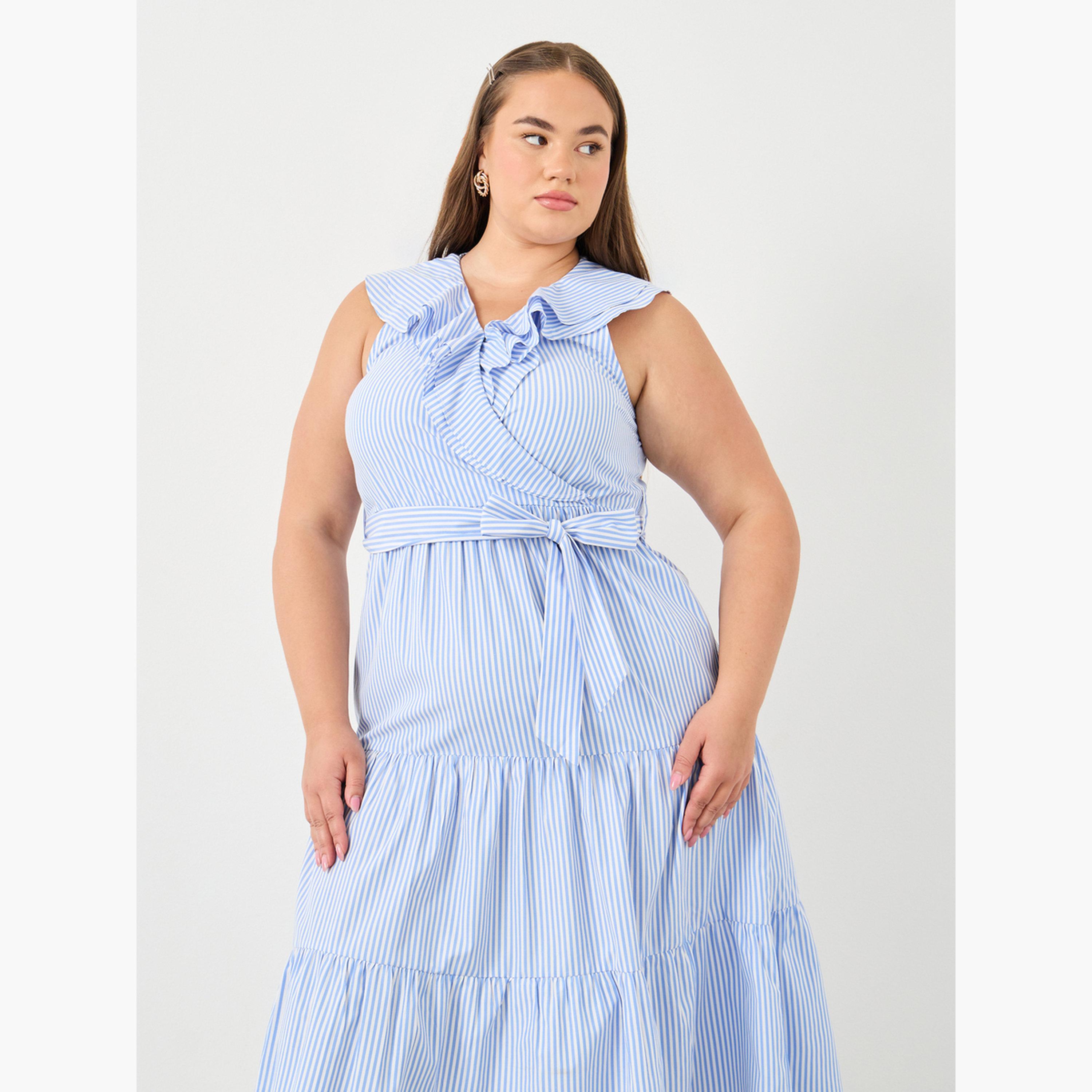 فستان ميدي مخطط بكسرات وكشكش مقاس كبير-women-clothing-dresses-image-2