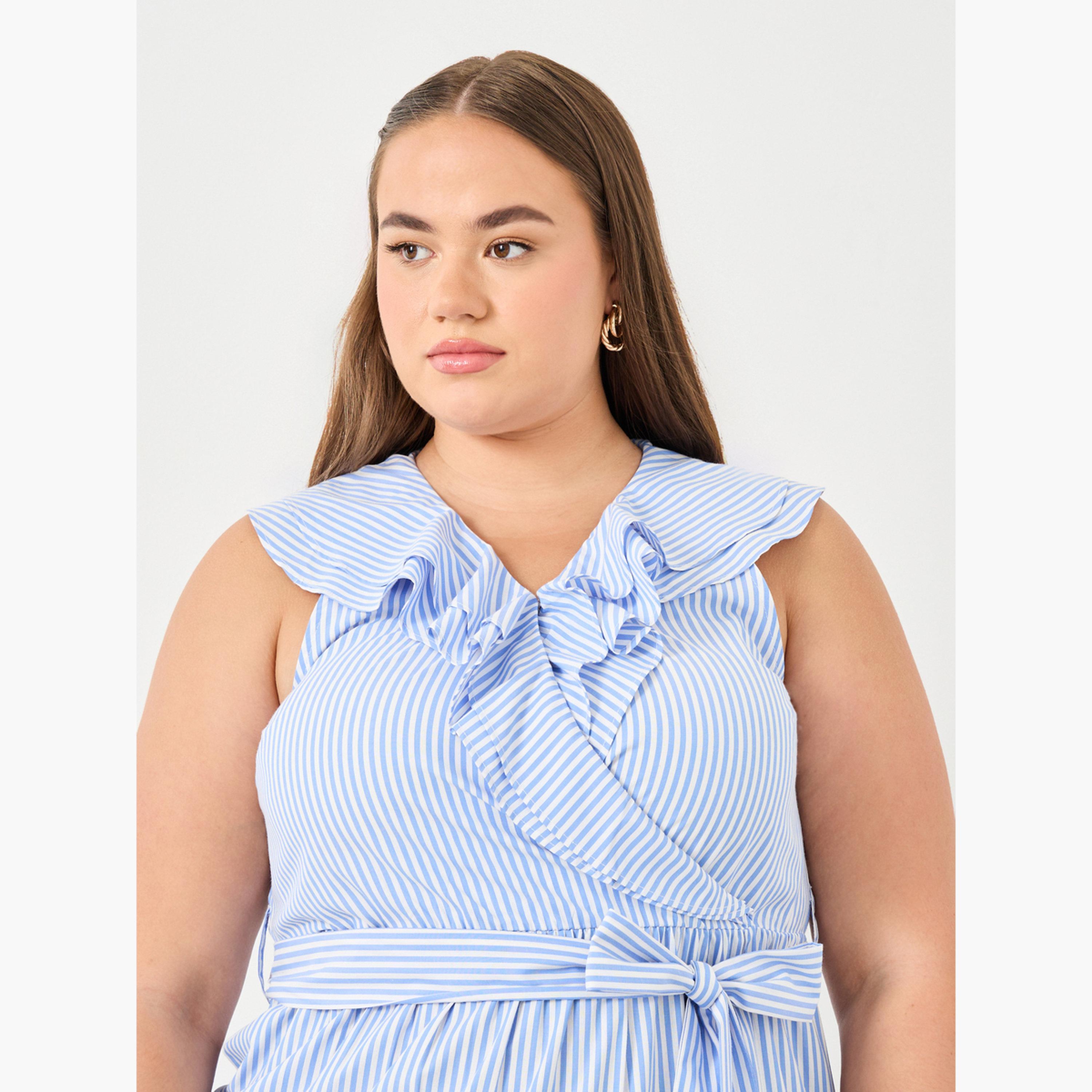 فستان ميدي مخطط بكسرات وكشكش مقاس كبير-women-clothing-dresses-image-4