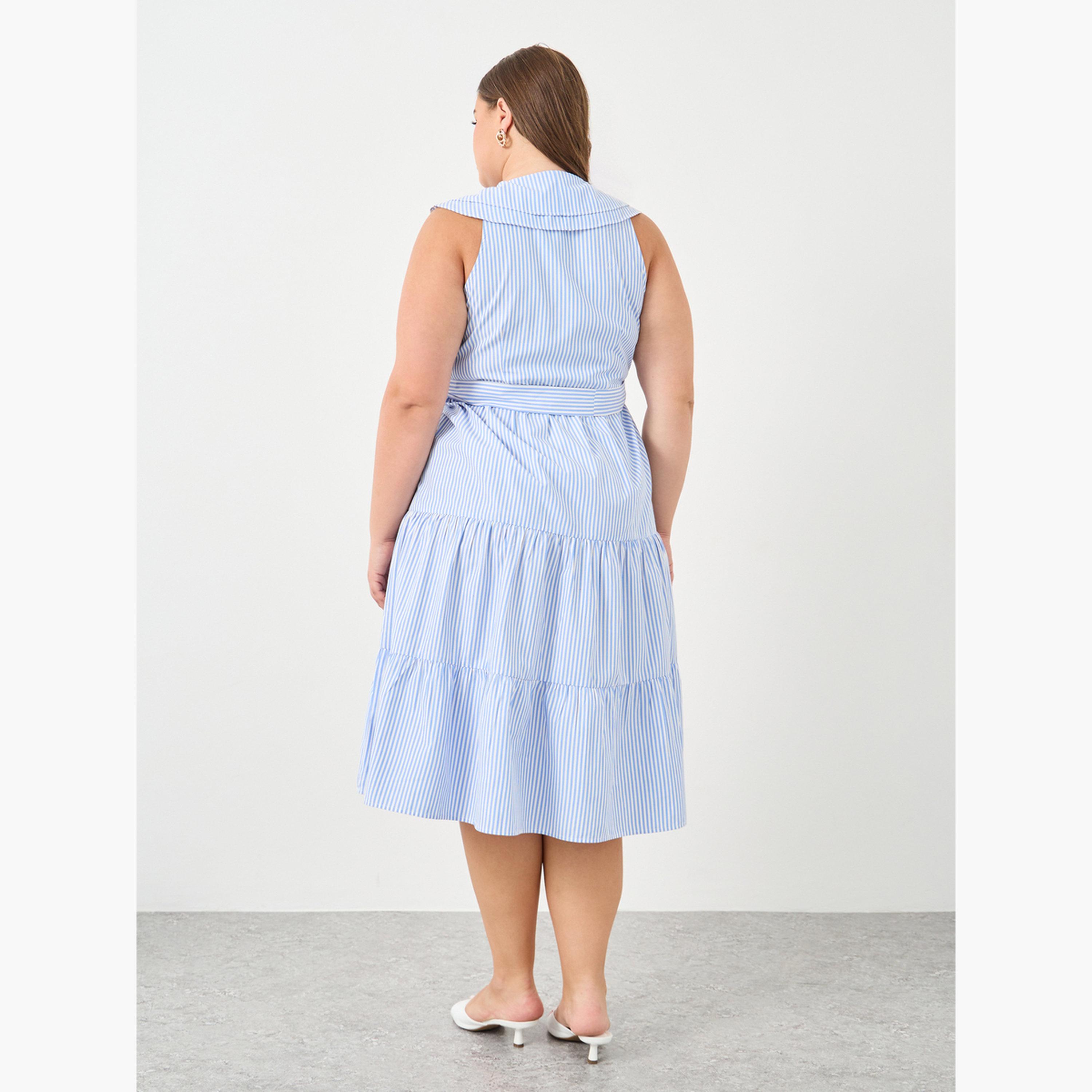 فستان ميدي مخطط بكسرات وكشكش مقاس كبير-women-clothing-dresses-image-5