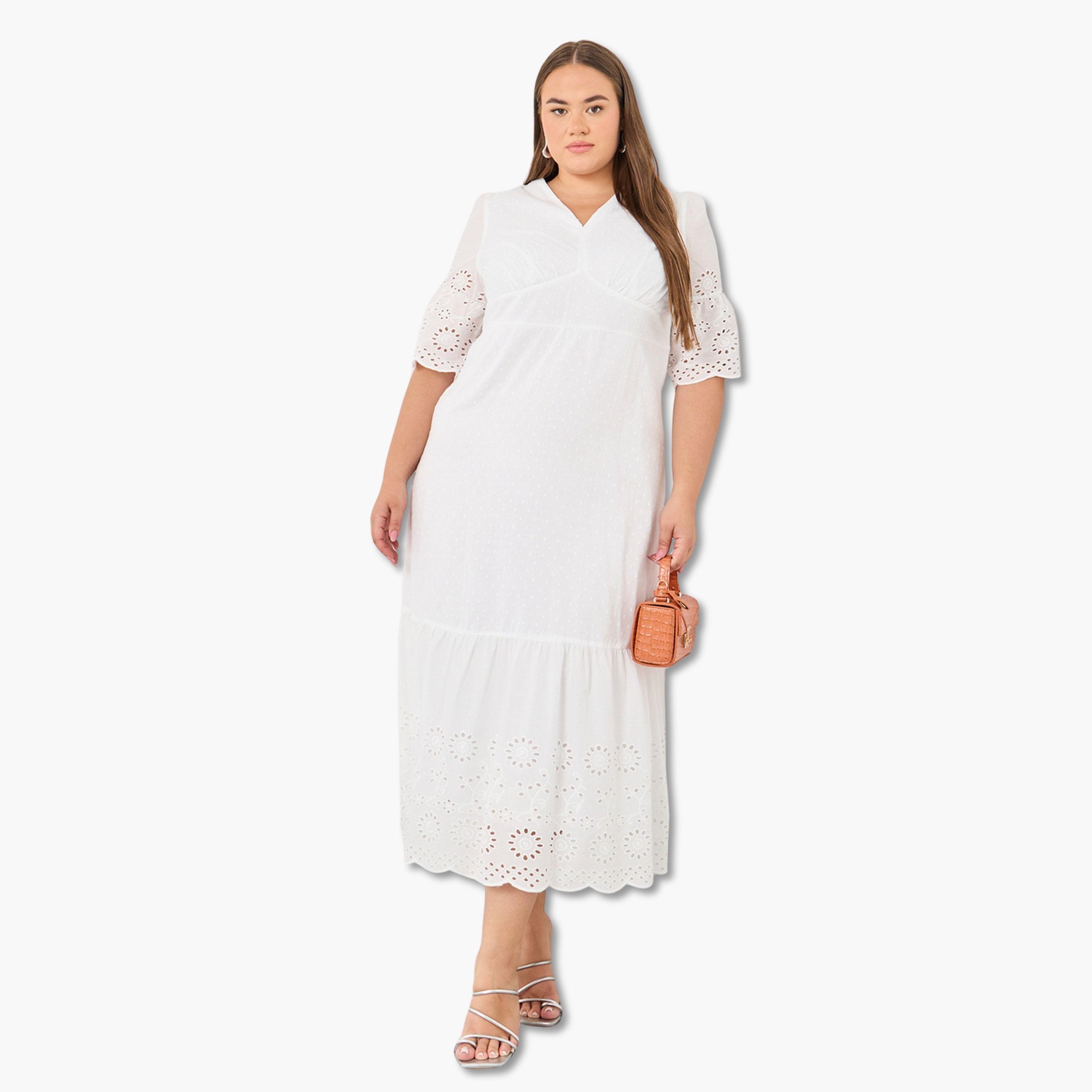 فستان طويل قطن مقاس كبير بتفاصيل دوبي وحافة واسعة-women-clothing-dresses-image-1