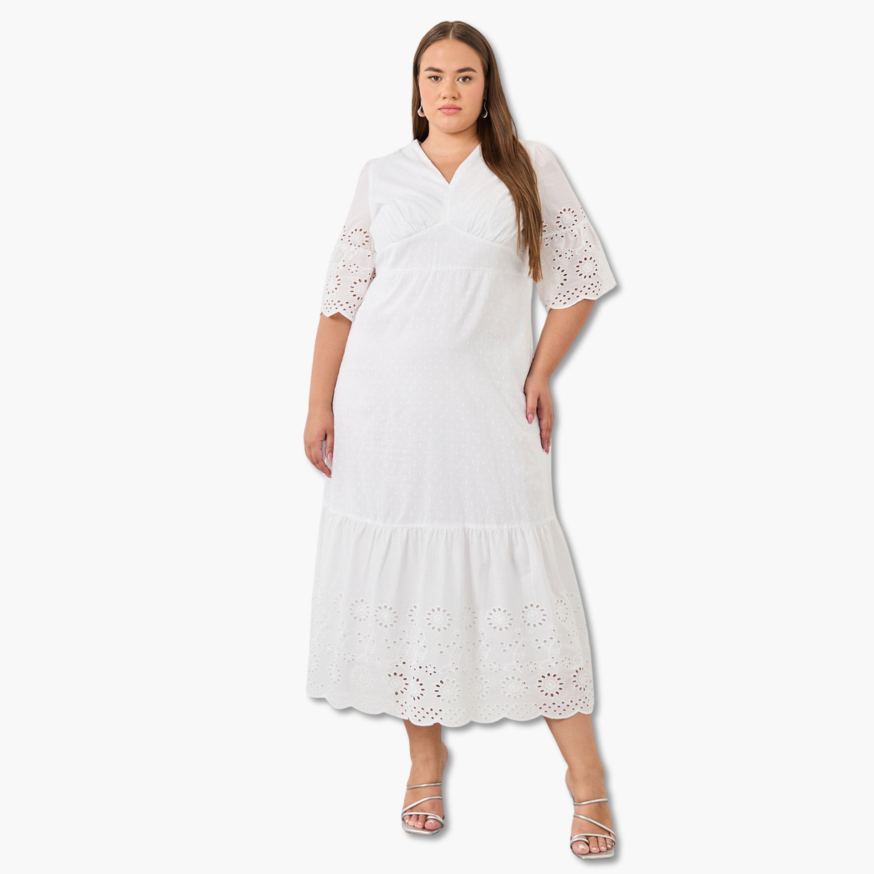 فستان طويل قطن مقاس كبير بتفاصيل دوبي وحافة واسعة-women-clothing-dresses-image-2