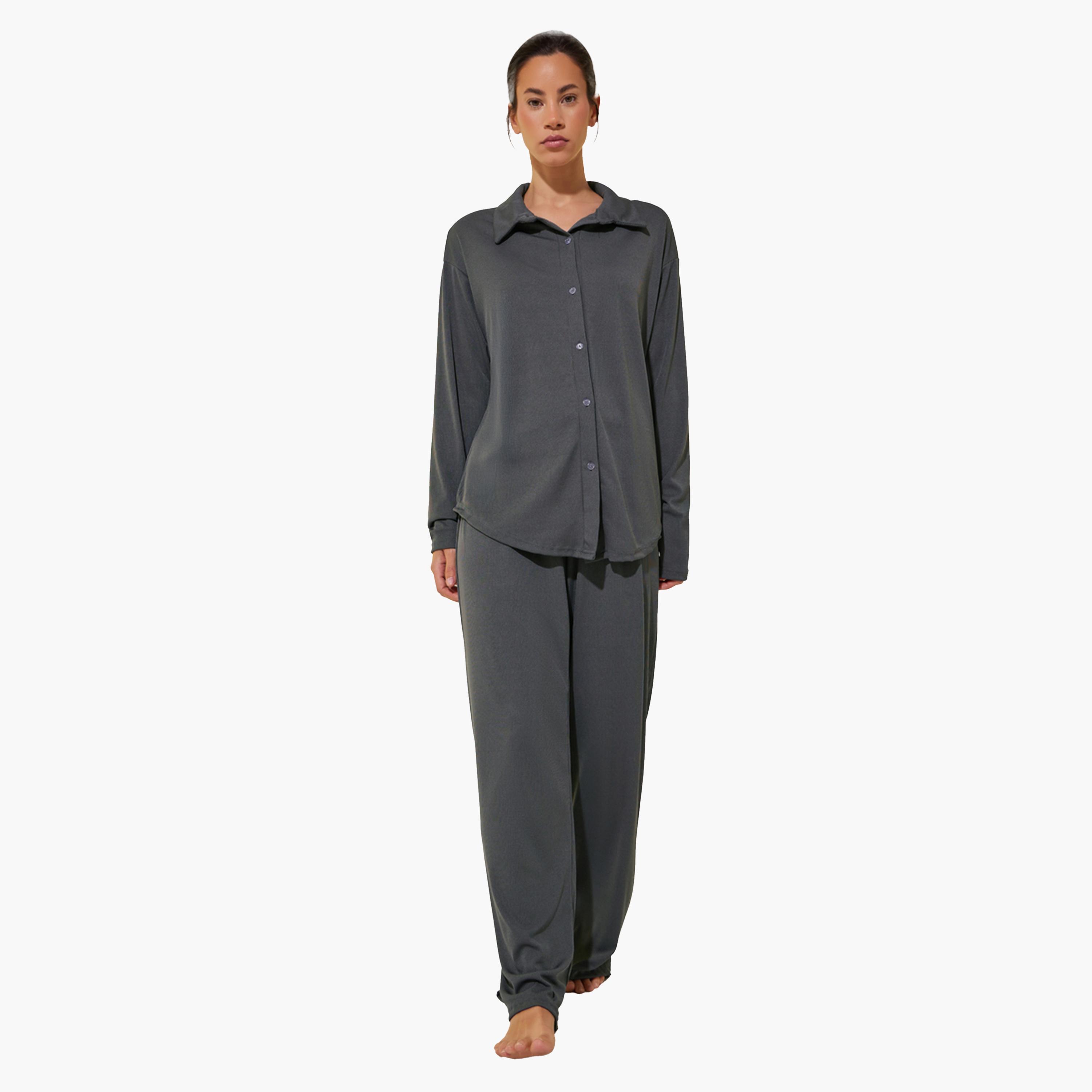 Styli Solid Long Sleeve Shirt and Pants Co-Ords-women-clothing-coordsets-image-1