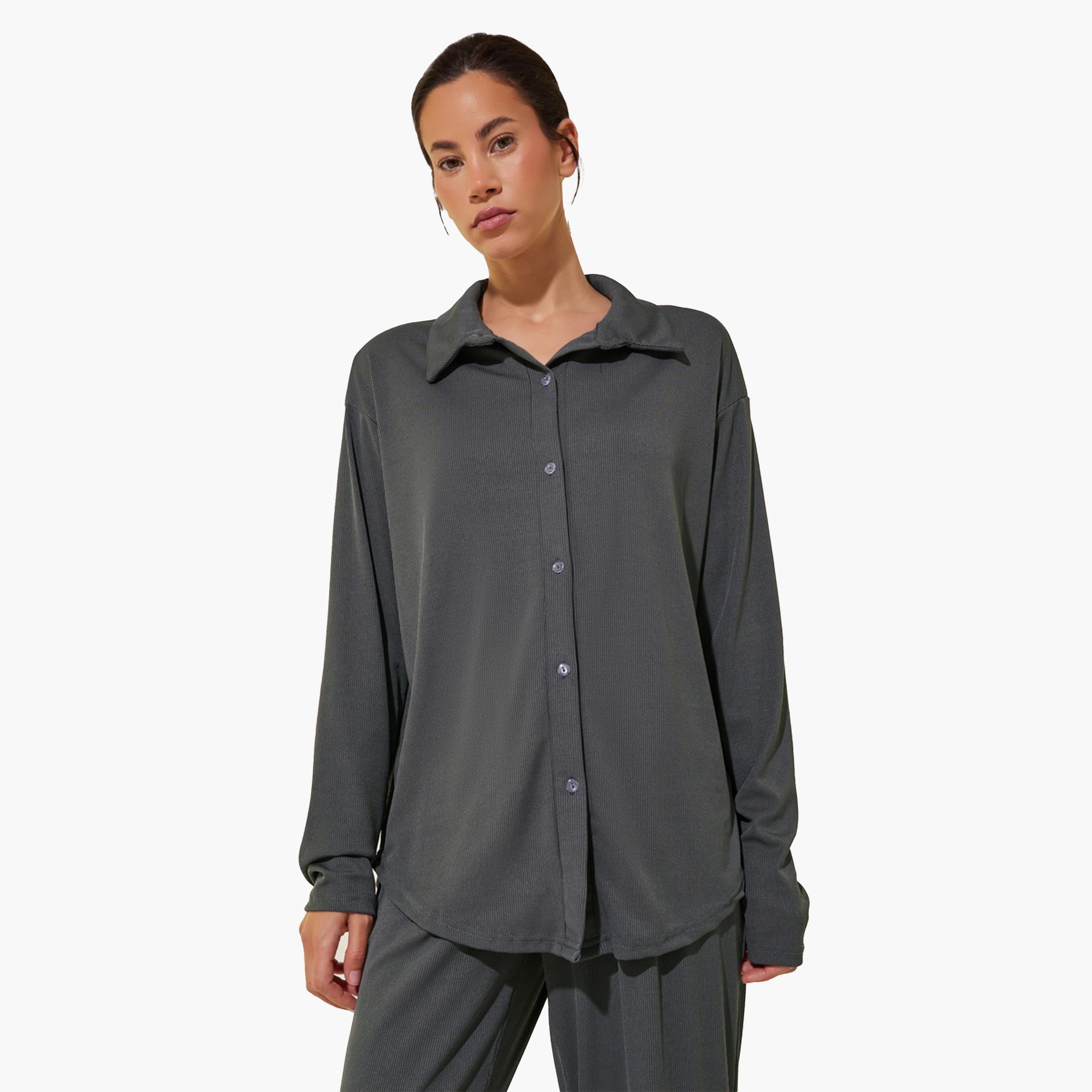 Styli Solid Long Sleeve Shirt and Pants Co-Ords-women-clothing-coordsets-image-2