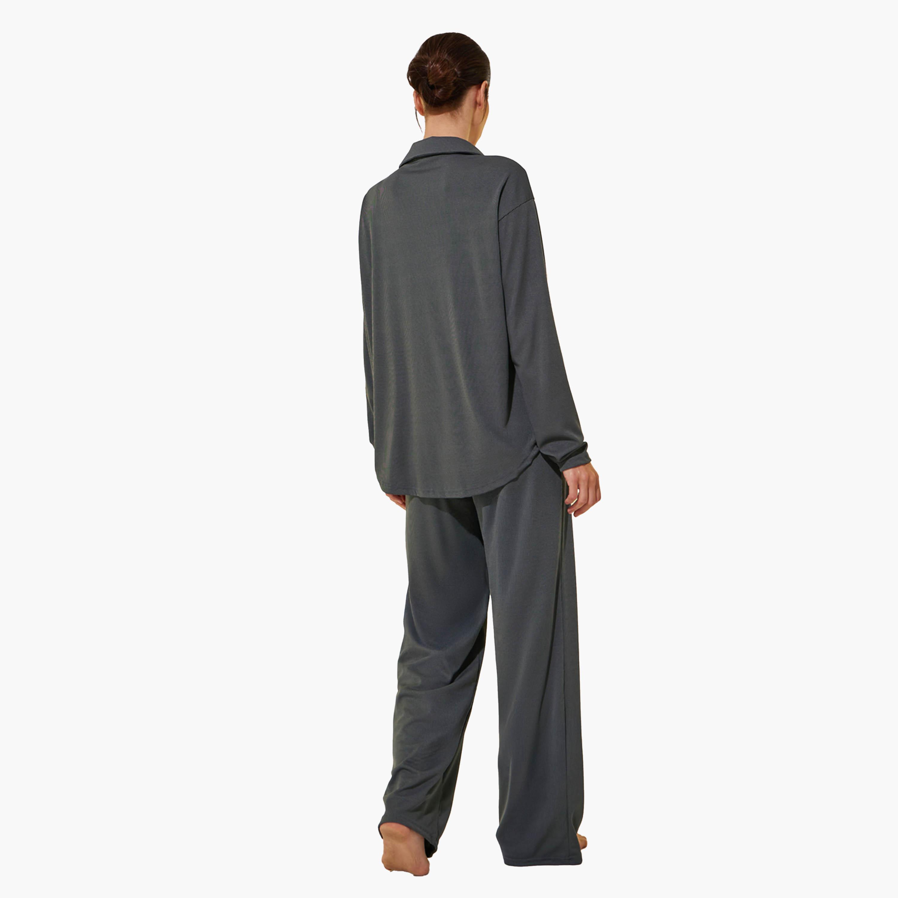 ستايلي - طقم قميص سادة بأكمام طويلة مع بنطال-women-clothing-coordsets-image-5
