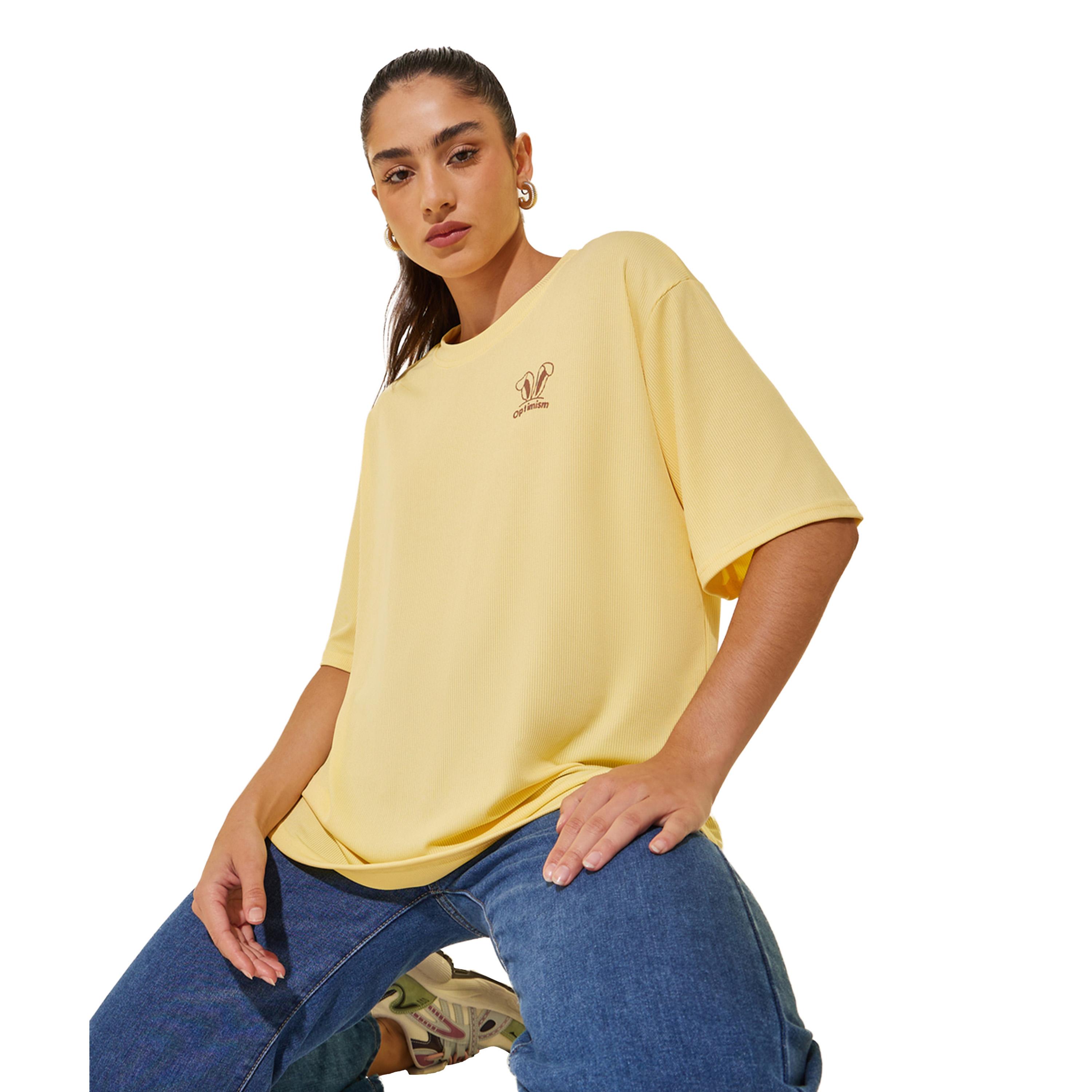 Styli Yellow Ribbed Short Sleeve Oversized T-Shirt-women-clothing-tshirts-image-1