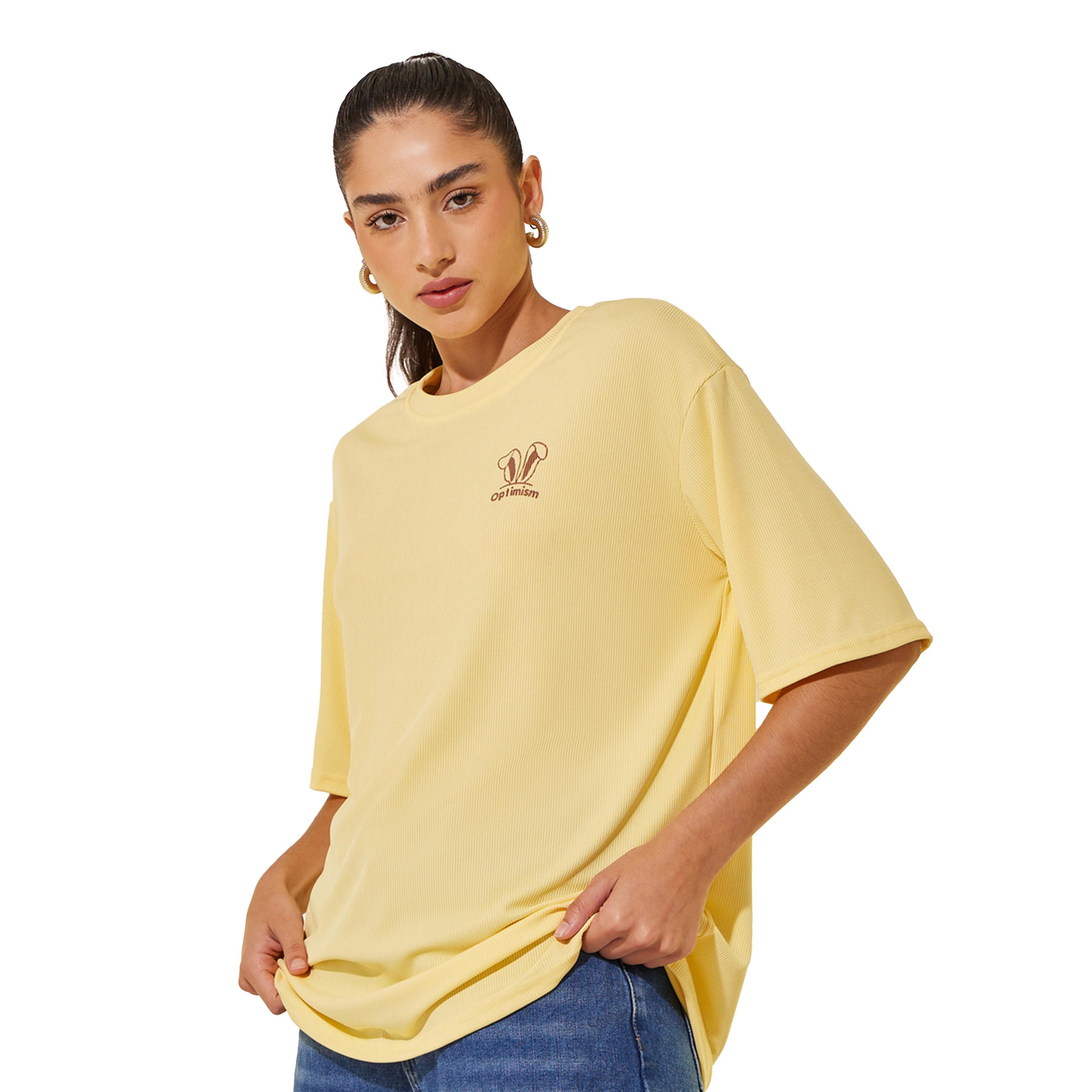Styli Yellow Ribbed Short Sleeve Oversized T-Shirt-women-clothing-tshirts-image-3