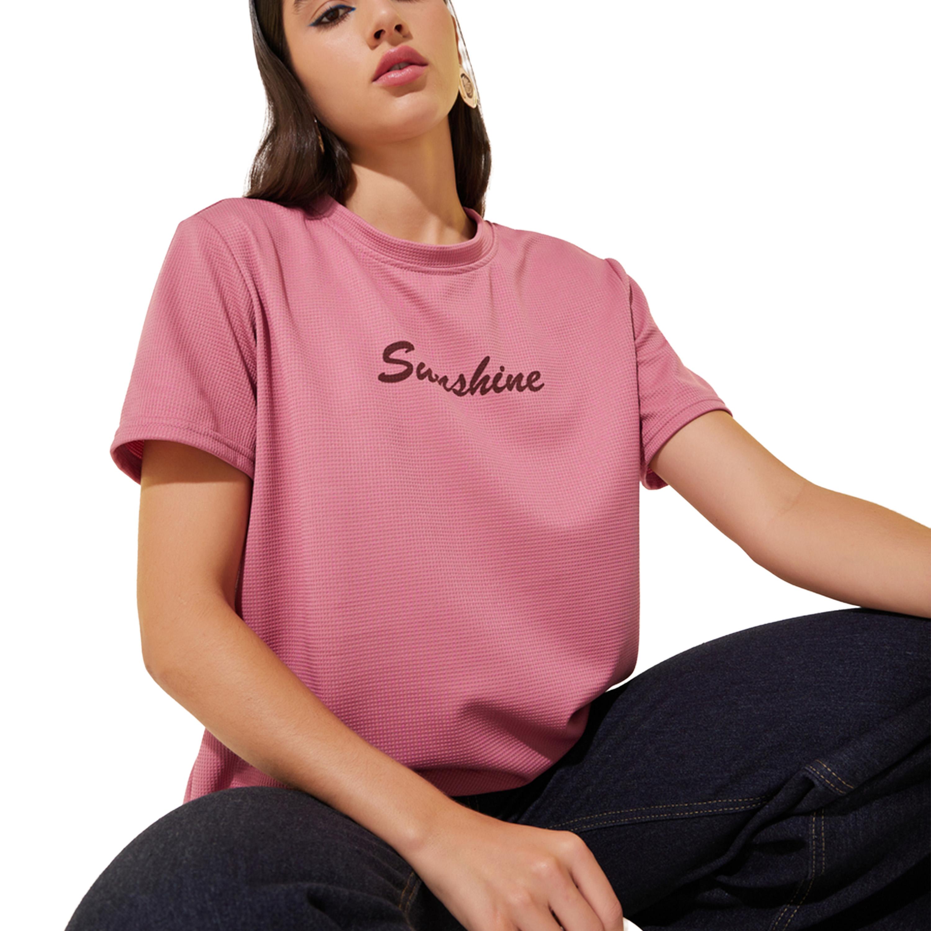 Styli Textured Slogan Print Round Neck T-Shirt-women-clothing-tshirts-image-1