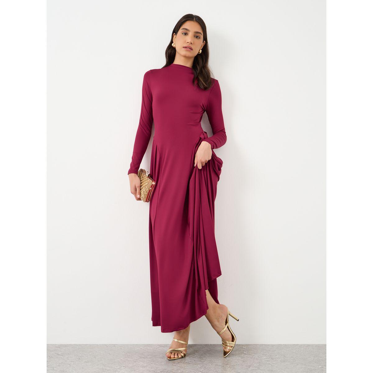 فستان طويل سادة بأكمام طويلة مع كسرات-women-clothing-dresses-image-1