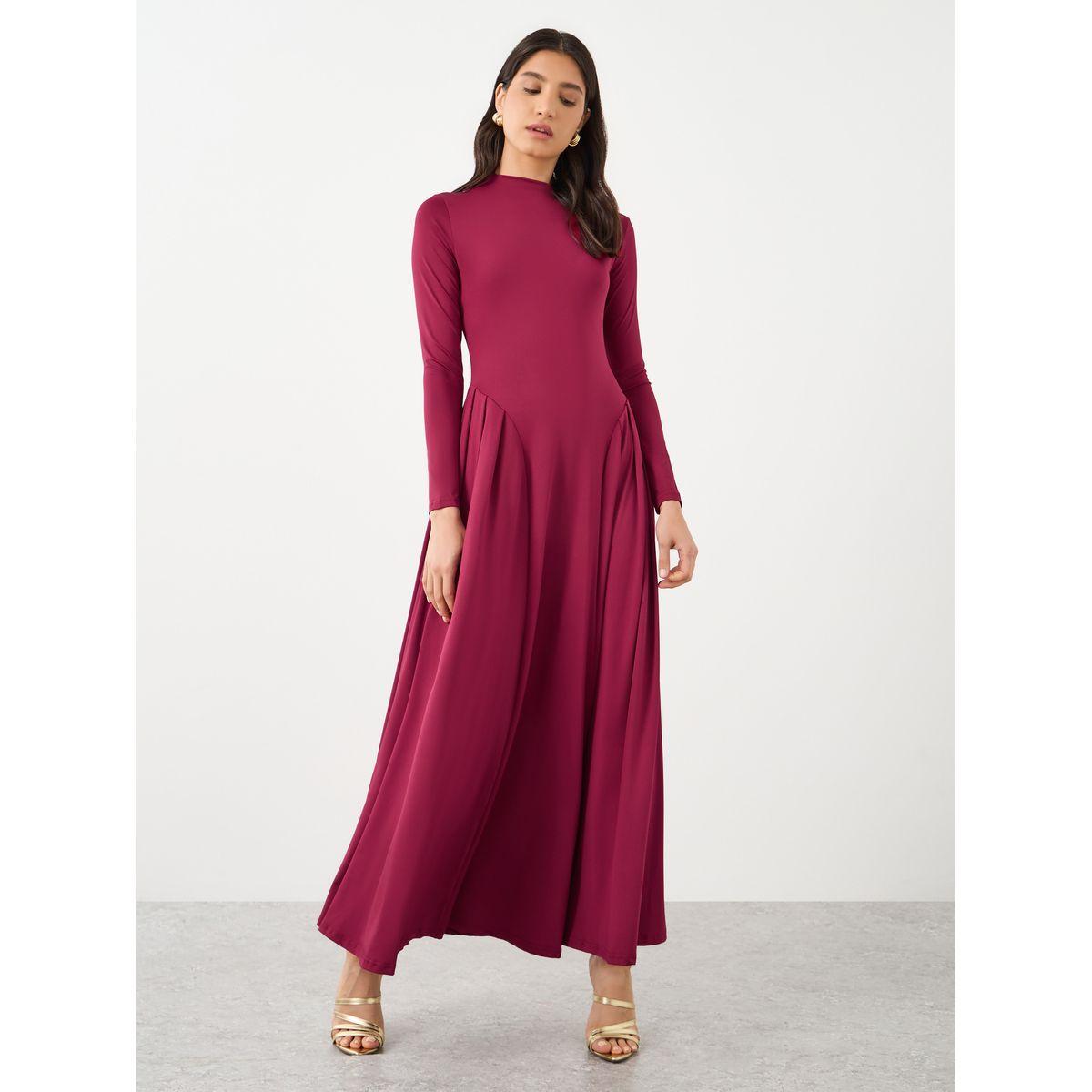 Styli Solid Long Sleeves Pleated Detail Maxi Dress-women-clothing-dresses-image-2