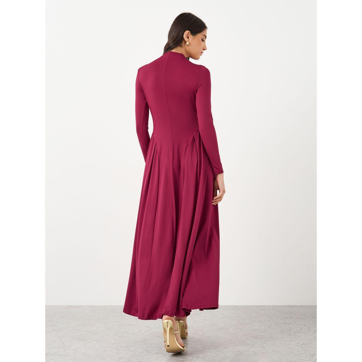 فستان طويل سادة بأكمام طويلة مع كسرات-women-clothing-dresses-image-5
