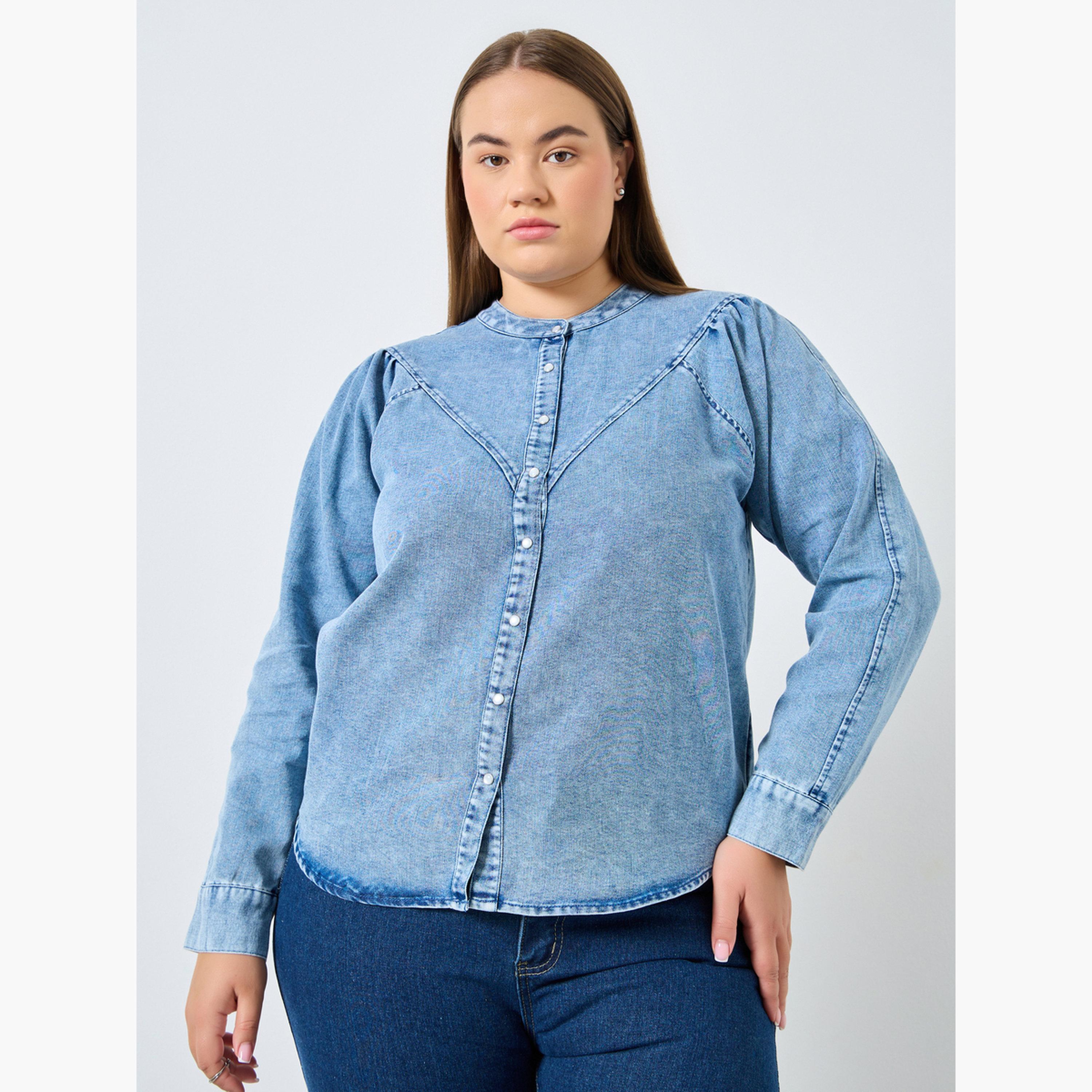 بلوزة دنيم قطن بمقاس كبير وأكمام طويلة-women-clothing-shirtsandblouses-shirts-image-1
