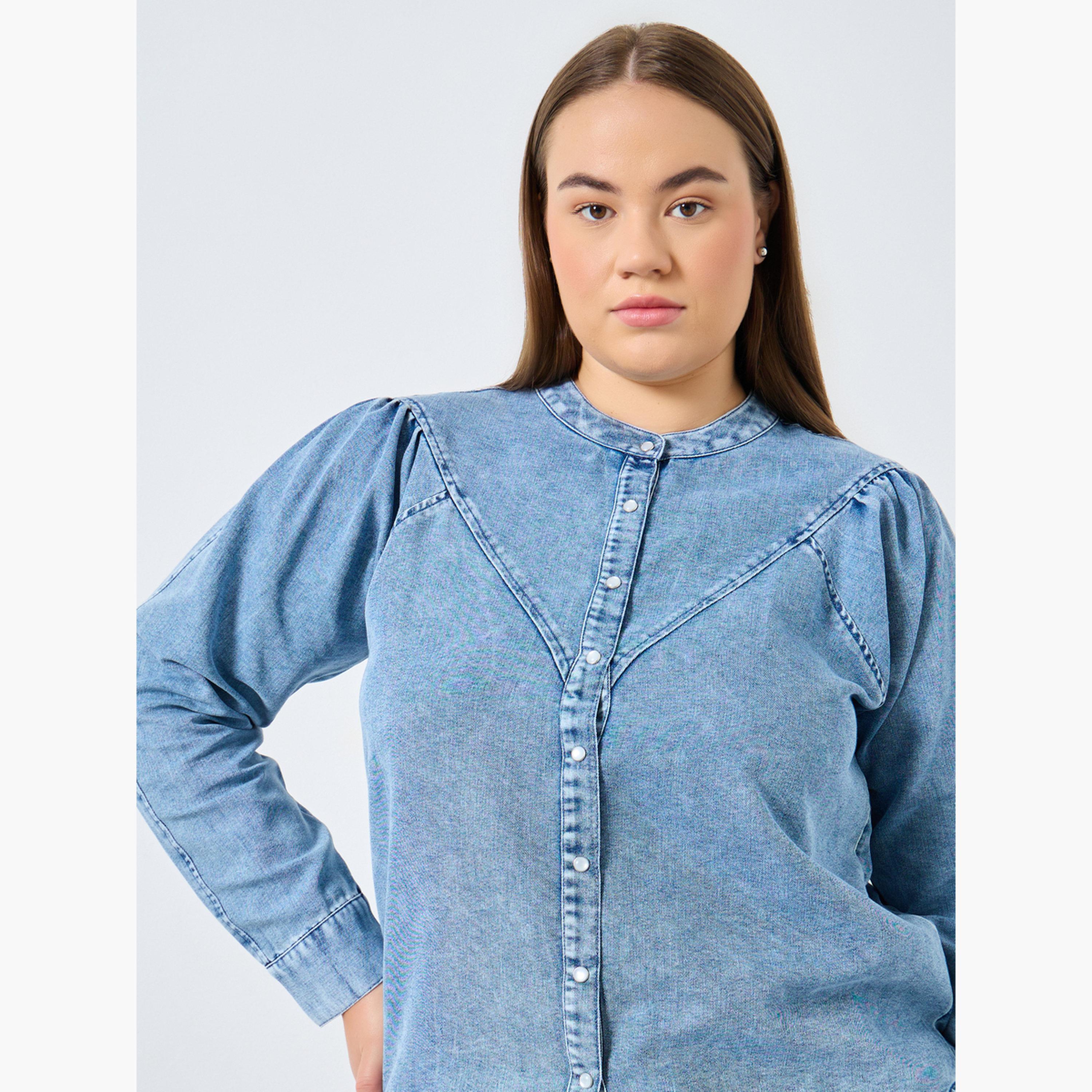 Styli Plus Size Long Sleeves Cotton Denim Shirt-women-clothing-shirtsandblouses-shirts-image-2