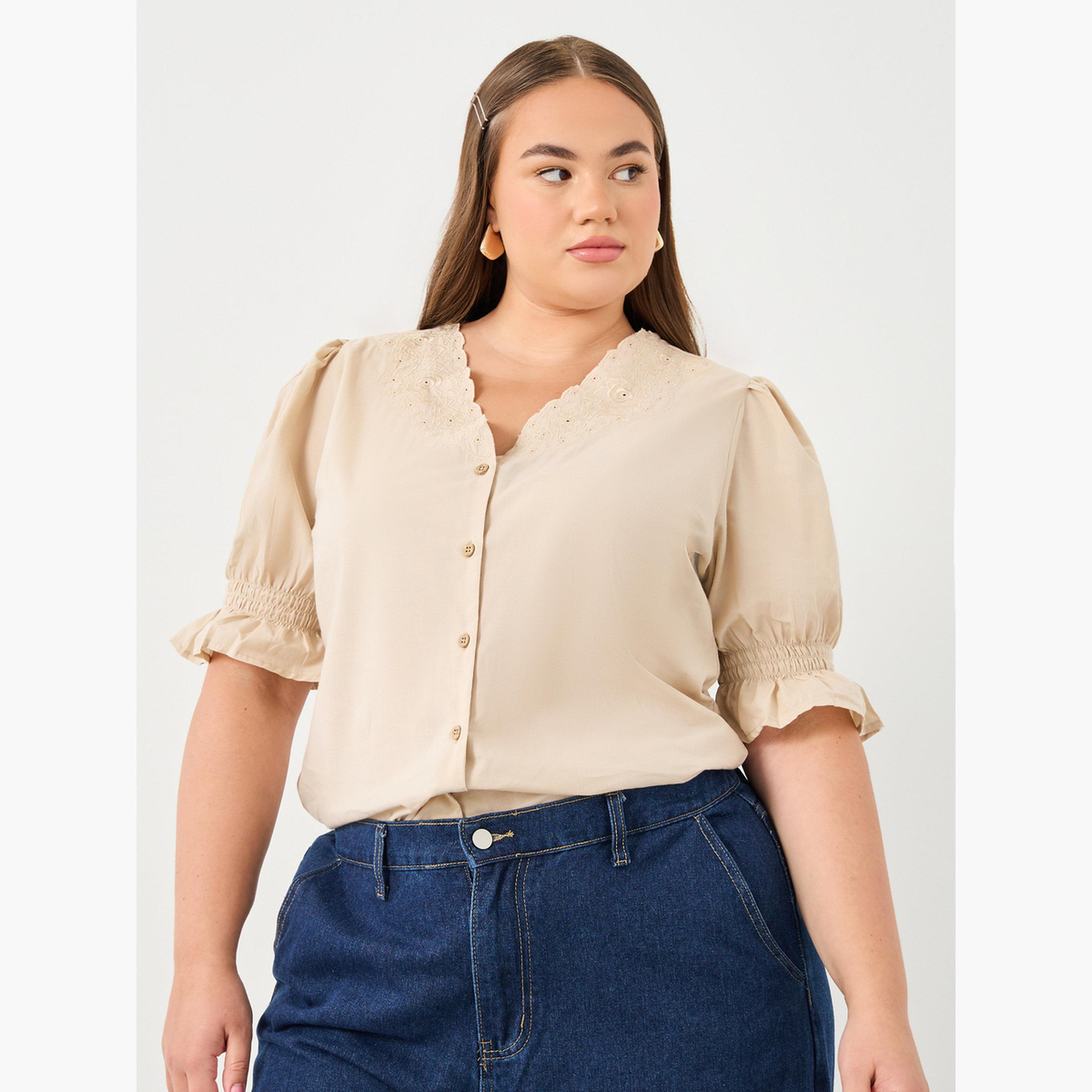 Styli Plus Size Beige Embroidered Neckline Blouse-women-clothing-shirtsandblouses-blouses-image-2