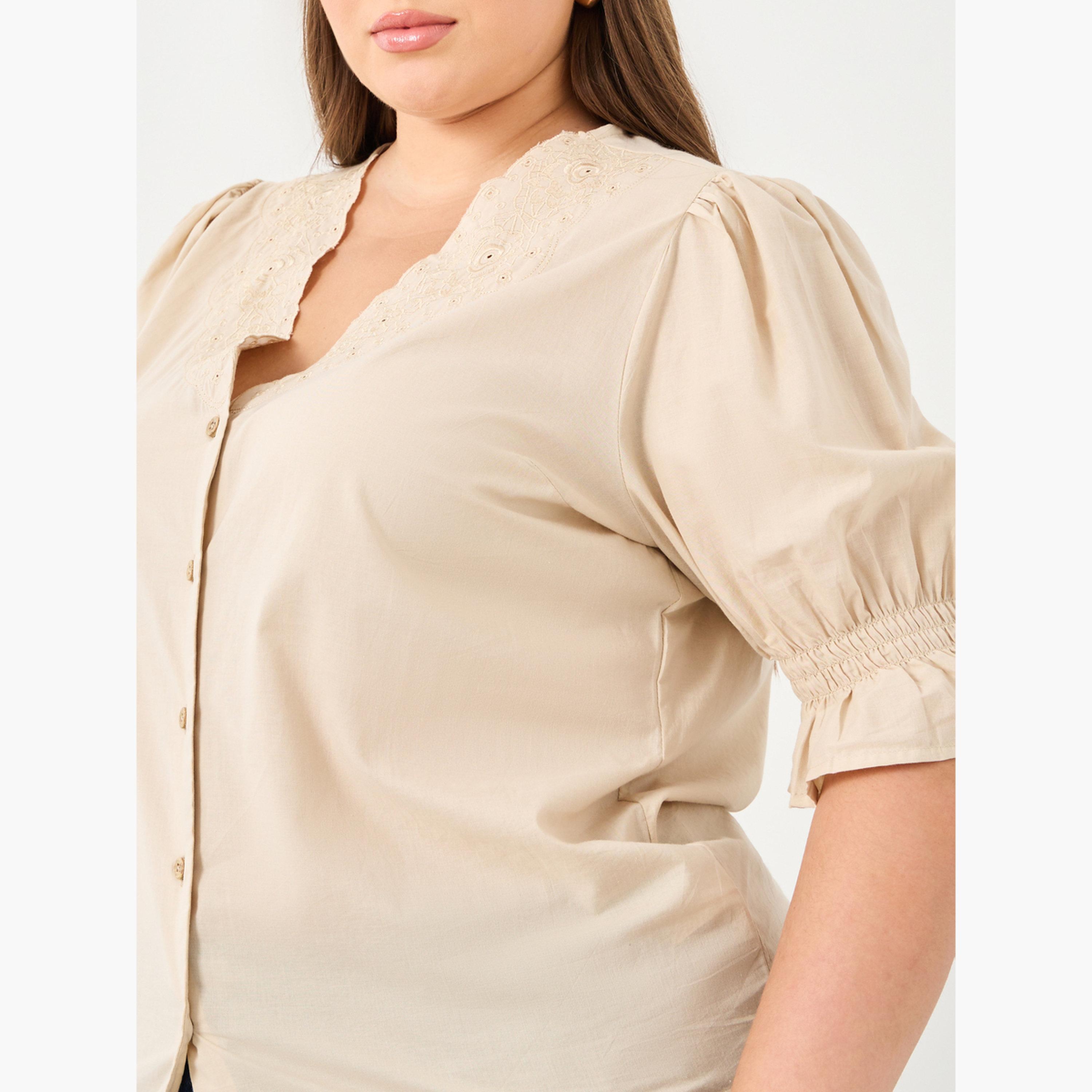 Styli Plus Size Beige Embroidered Neckline Blouse-women-clothing-shirtsandblouses-blouses-image-4