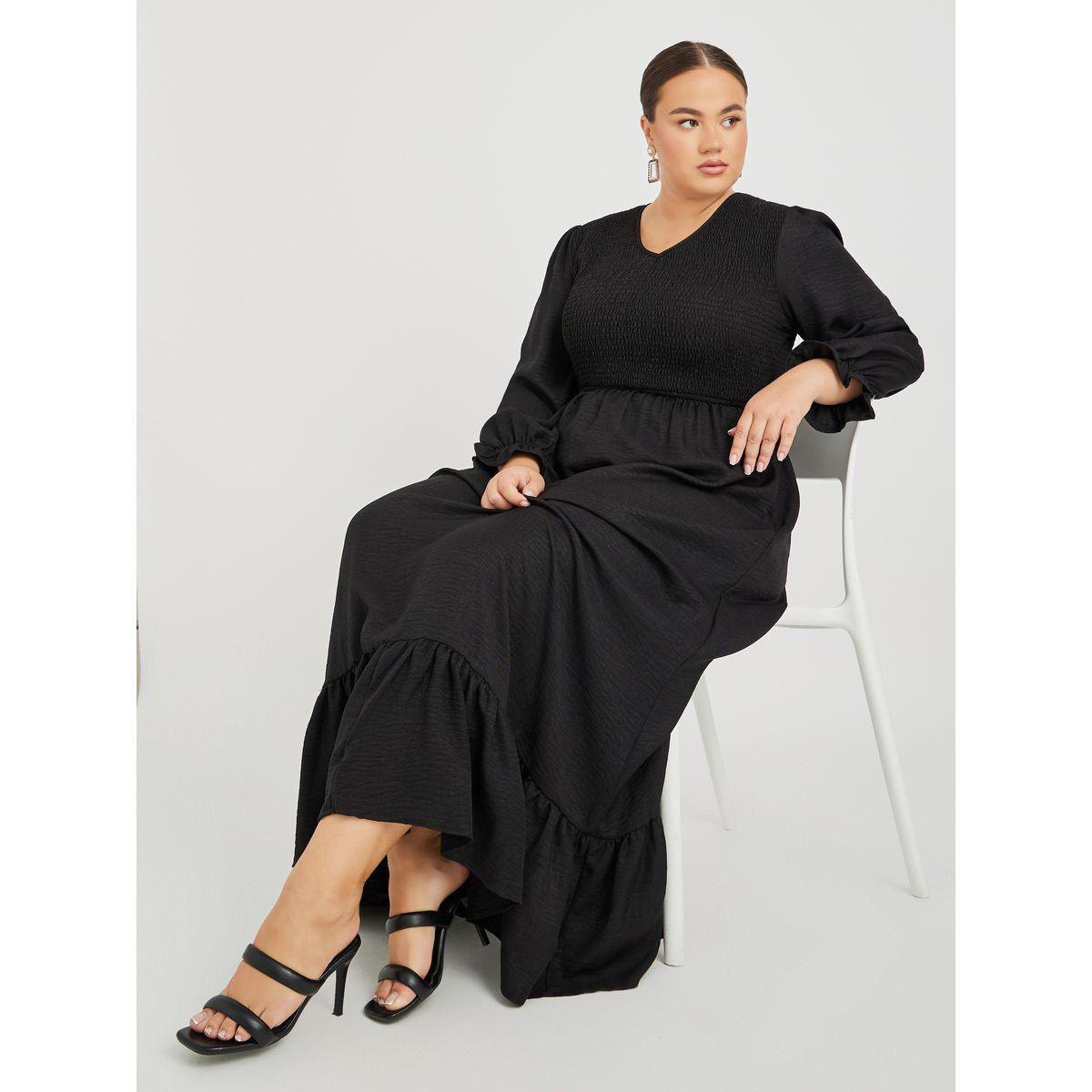 Styli Plus Size Solid Long Sleeves Smocked A-Line Maxi Dress-women-clothing-dresses-image-1