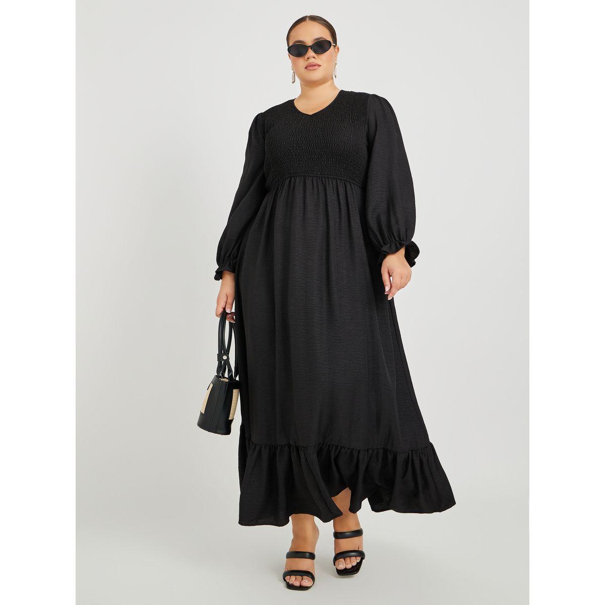 Styli Plus Size Solid Long Sleeves Smocked A-Line Maxi Dress-women-clothing-dresses-image-2