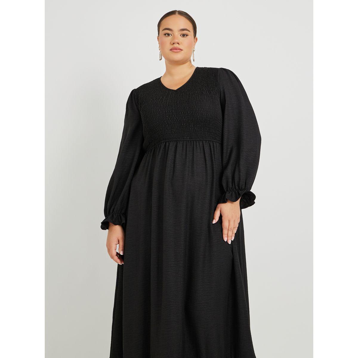Styli Plus Size Solid Long Sleeves Smocked A-Line Maxi Dress-women-clothing-dresses-image-3