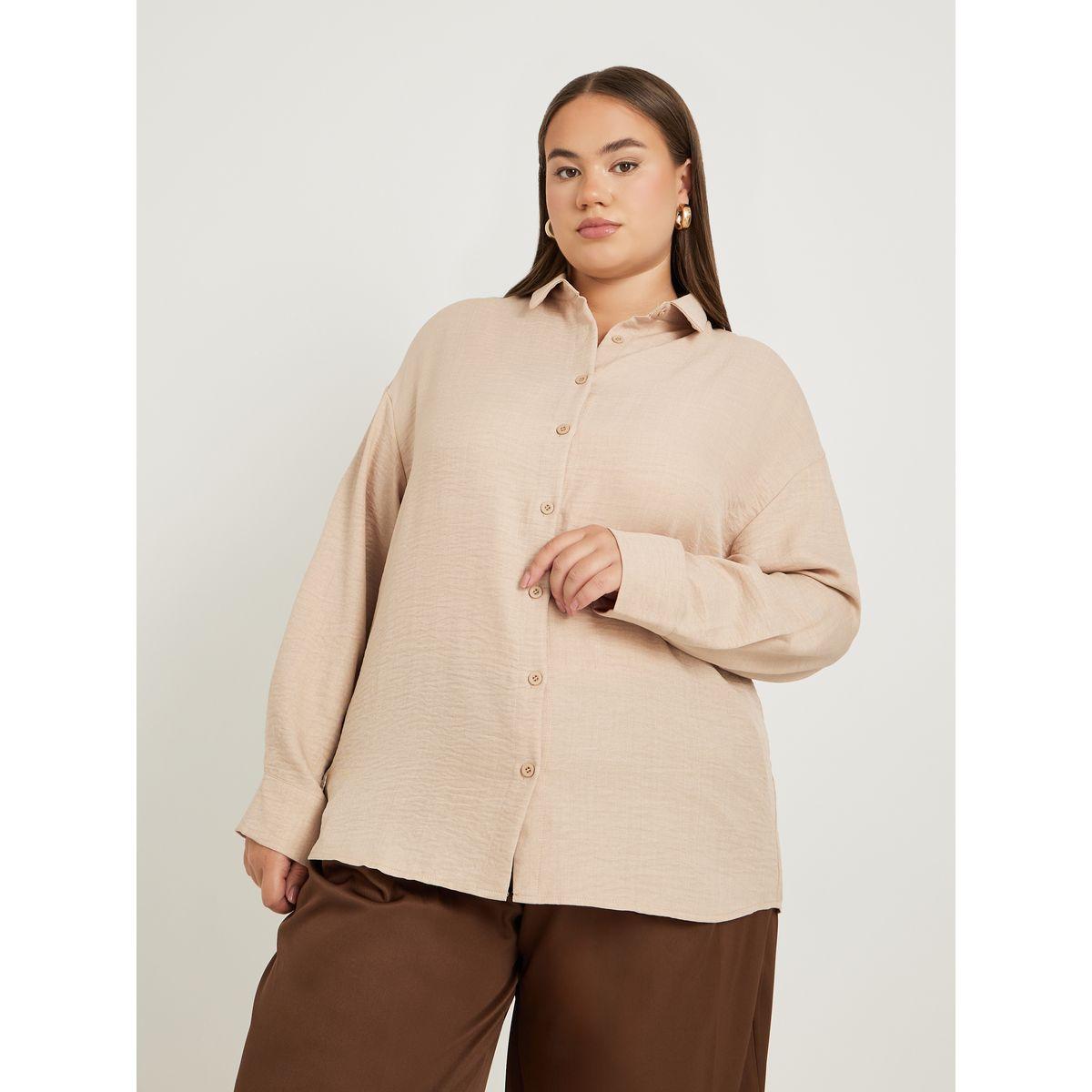 Styli Plus Size Solid Linen Look Button Back Regular Fit Shirt-women-clothing-shirtsandblouses-shirts-image-2