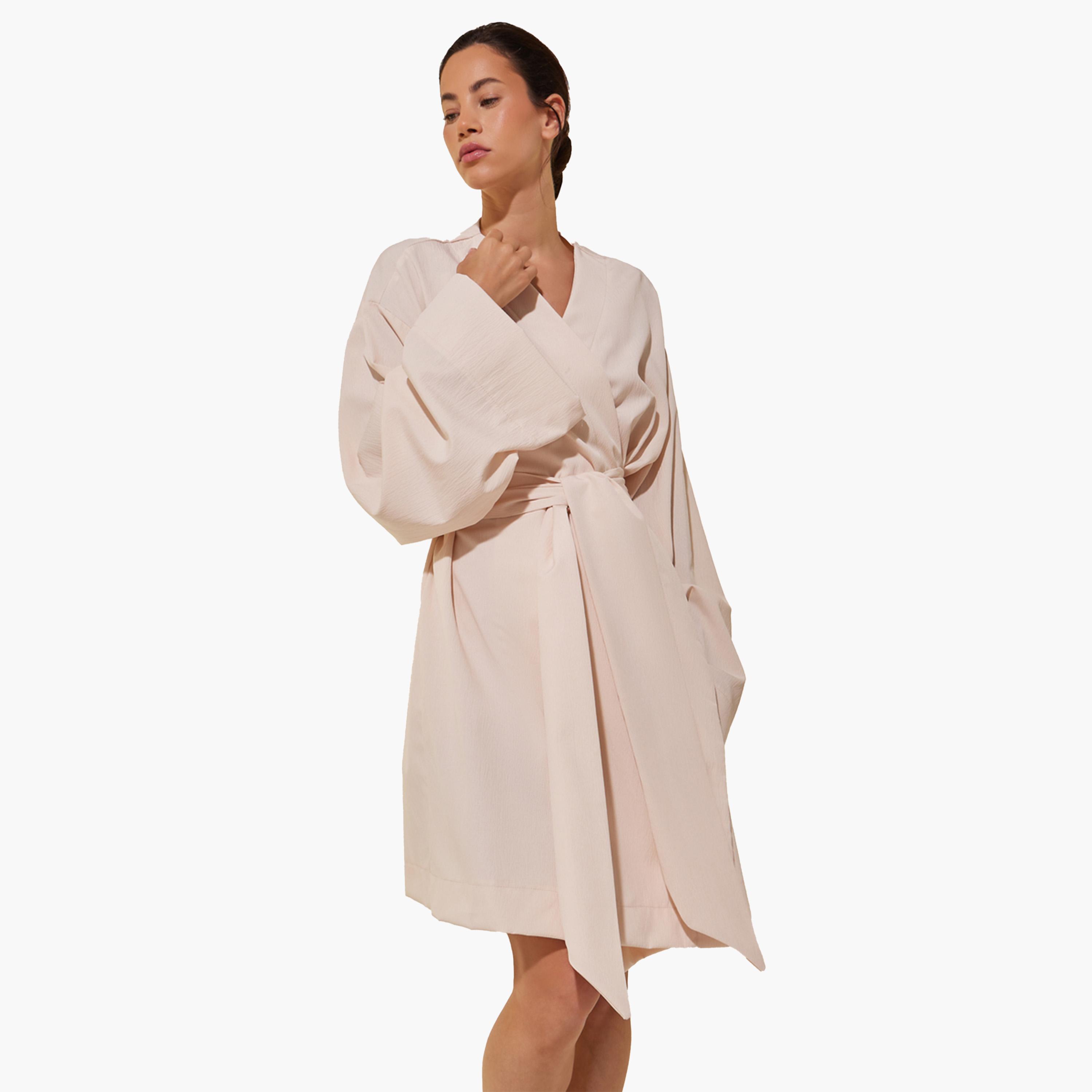 Styli White Solid Long Sleeve Robe with Tie Detail-women-clothing-nightwear-robes-image-1