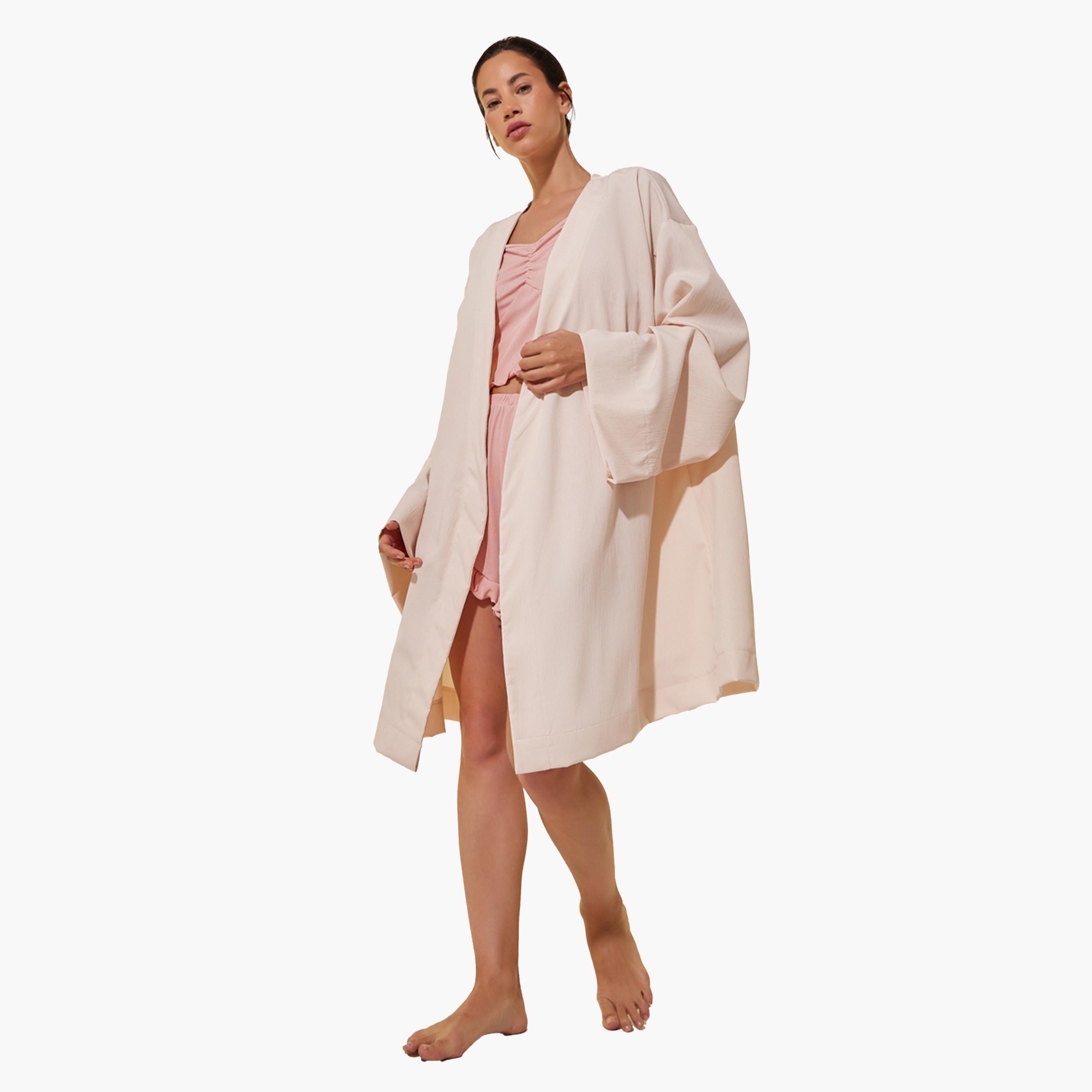 Styli White Solid Long Sleeve Robe with Tie Detail-women-clothing-nightwear-robes-image-2
