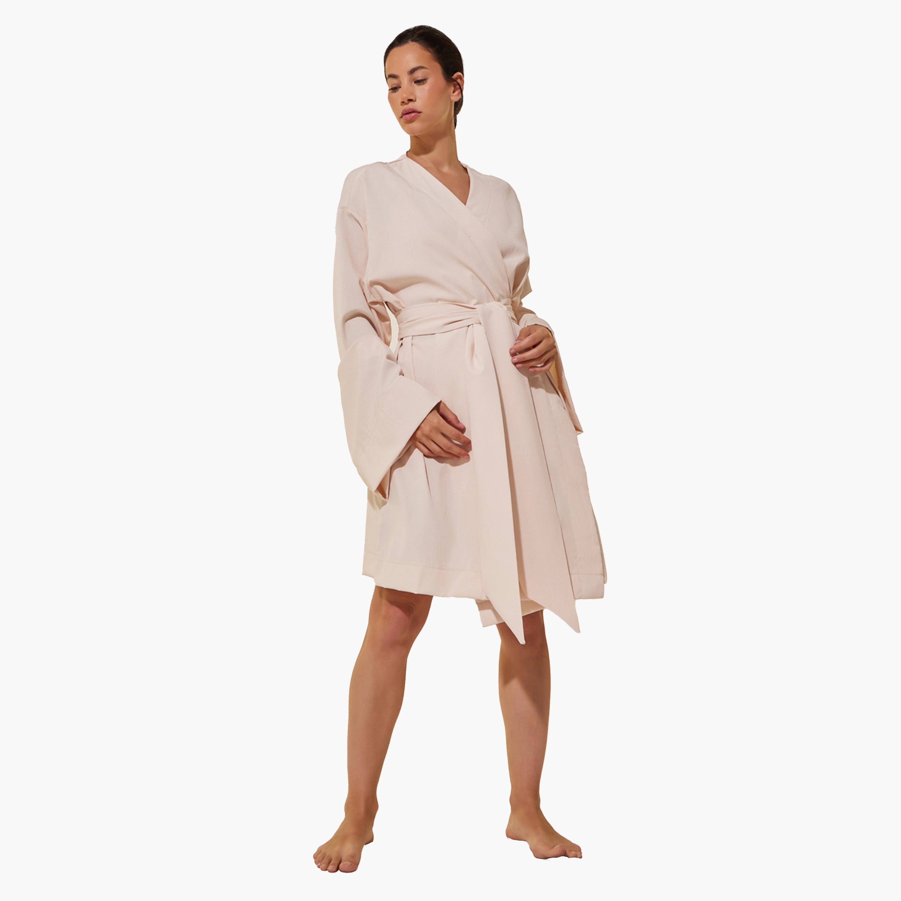 Styli White Solid Long Sleeve Robe with Tie Detail-women-clothing-nightwear-robes-image-3