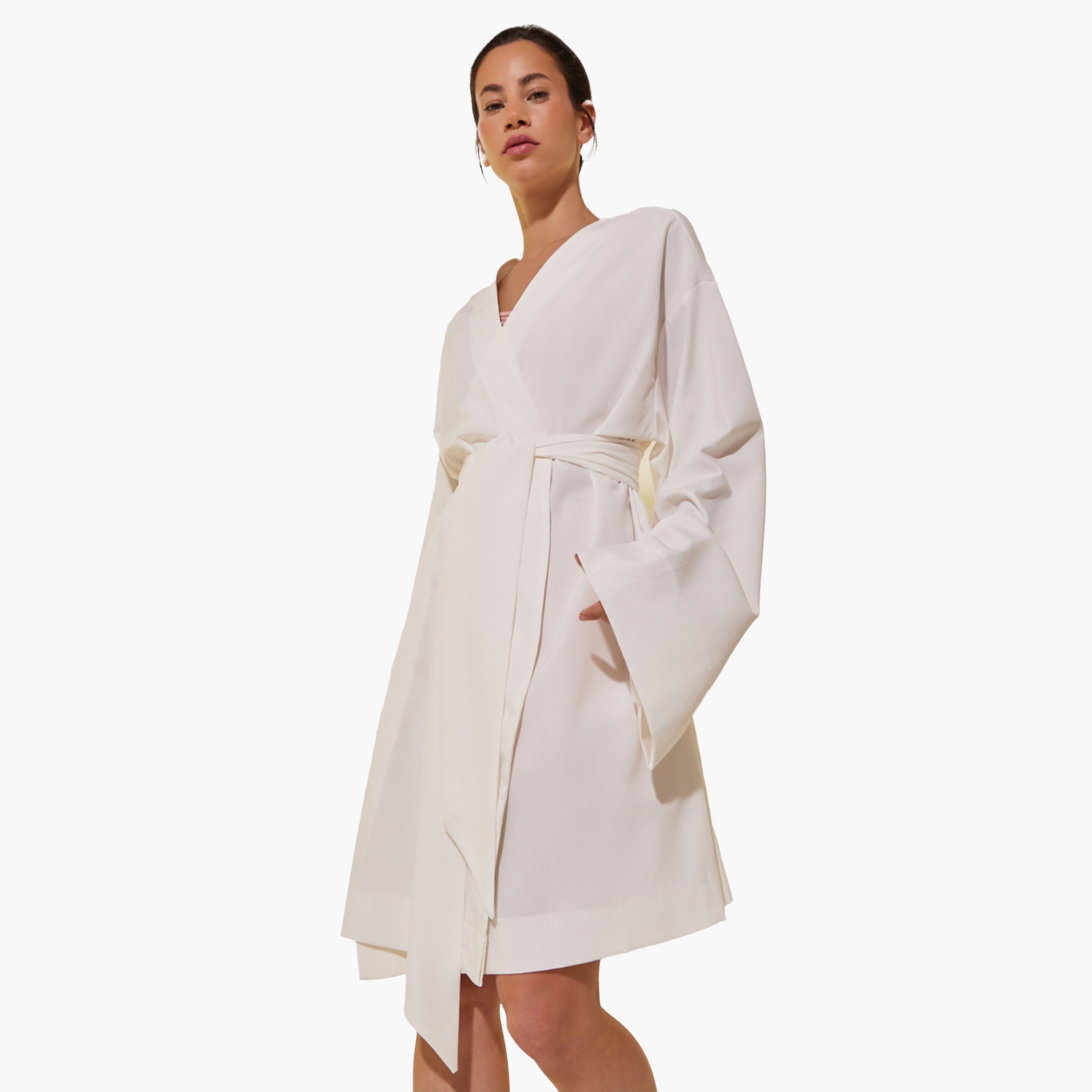 Styli White Solid Long Sleeve Robe with Tie Detail-women-clothing-nightwear-robes-image-1