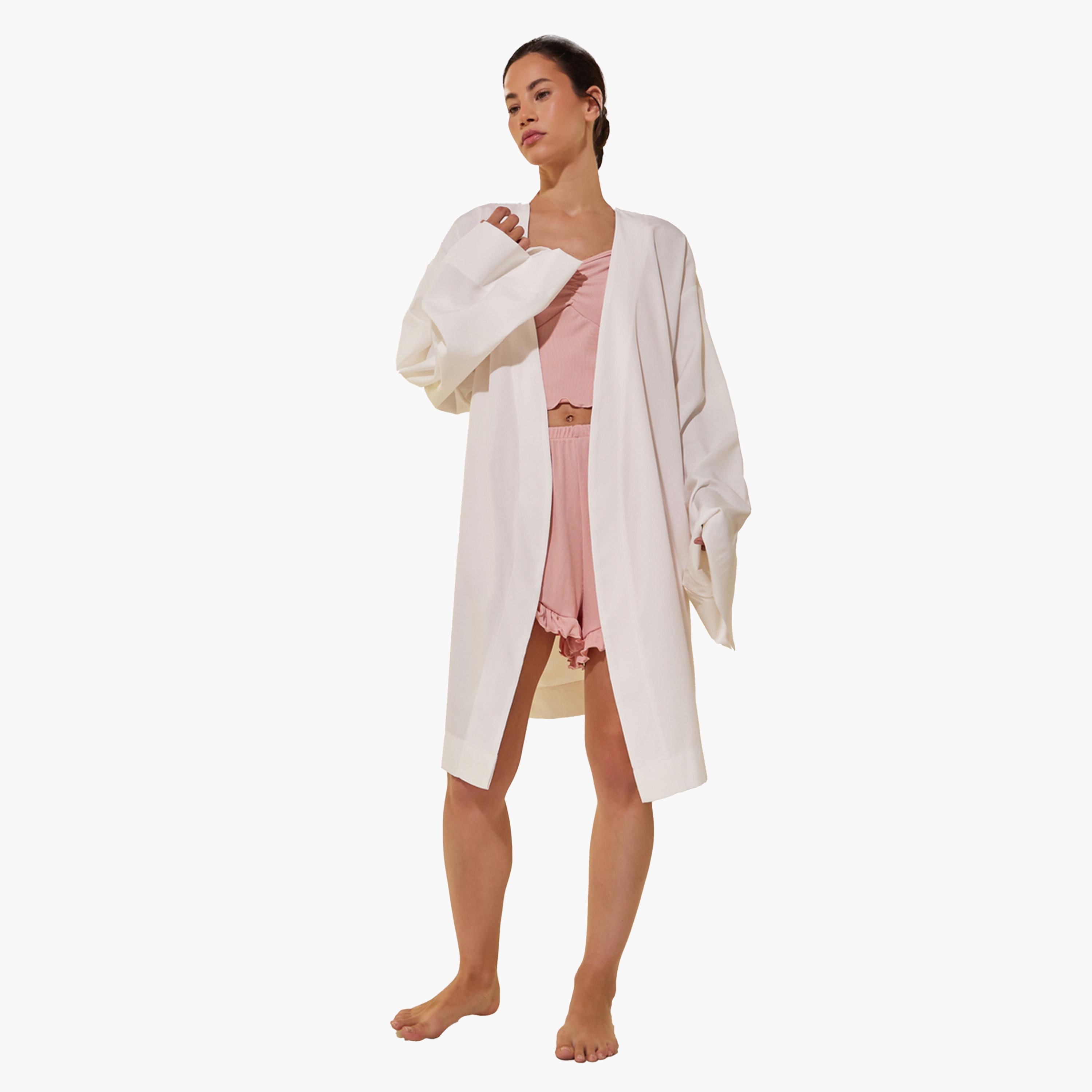 Styli White Solid Long Sleeve Robe with Tie Detail-women-clothing-nightwear-robes-image-3