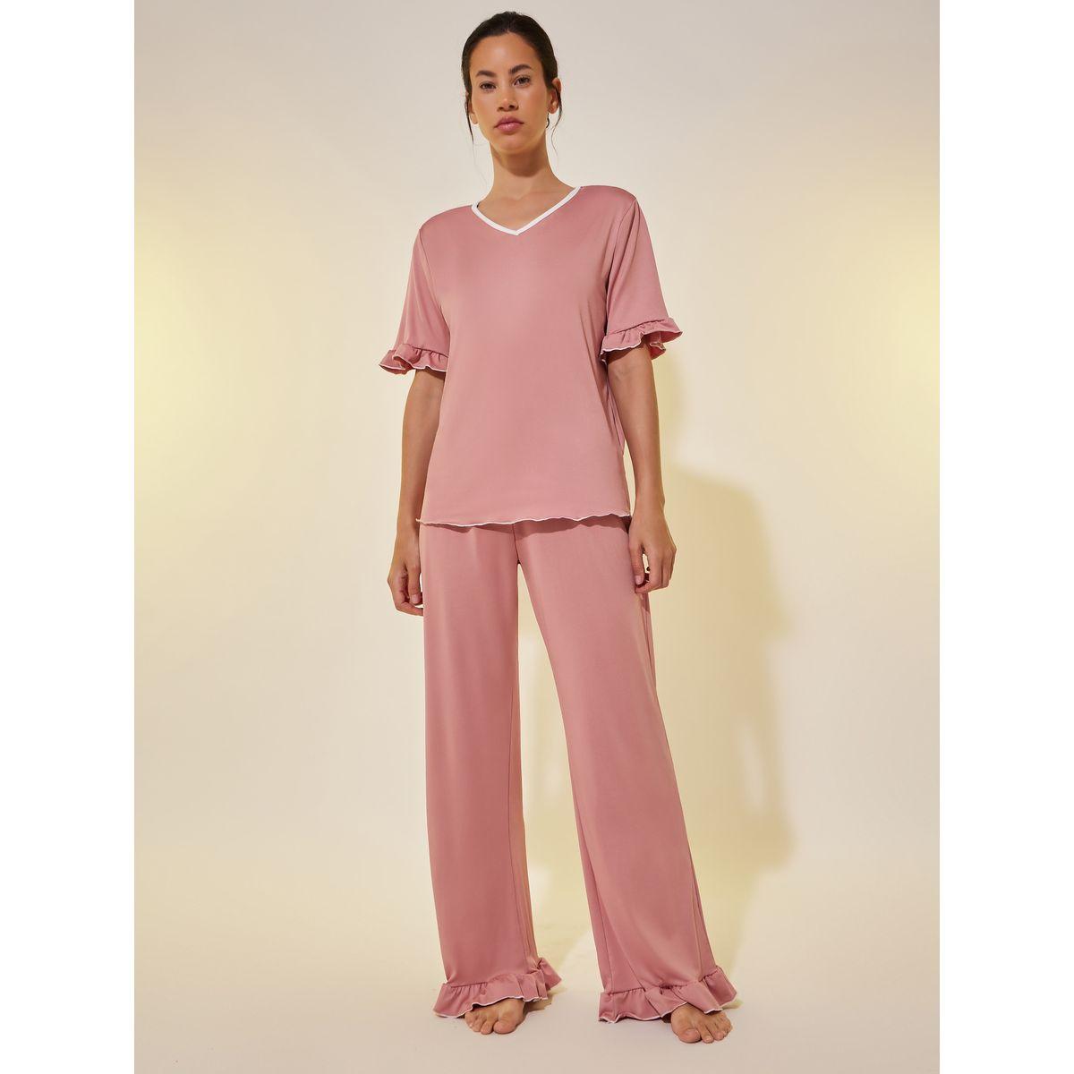 مجموعة من جوغر وبلوزة سادة بتفاصيل كشكش-women-clothing-nightwear-pyjamas-longsets-image-1