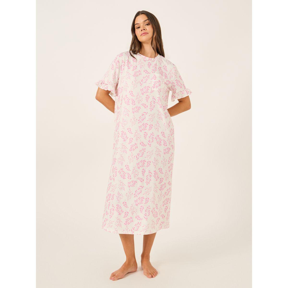 Styli Leaf Print Ruffle Trim Pocket Detail Sleep T-Shirt-women-clothing-nightwear-nighties-image-1