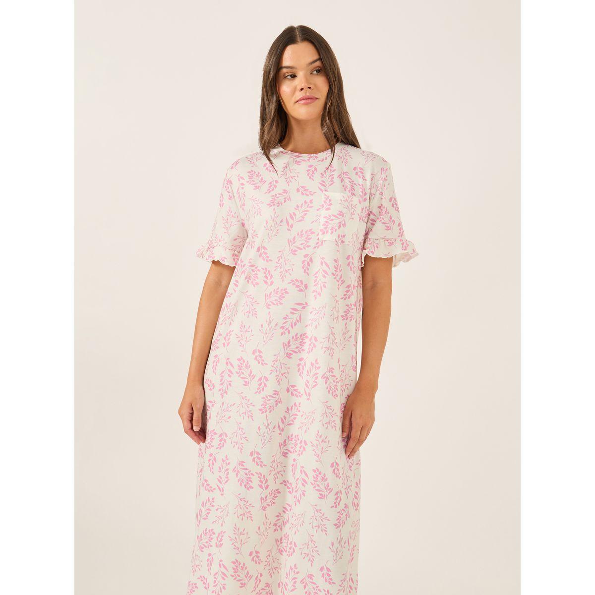 Styli Leaf Print Ruffle Trim Pocket Detail Sleep T-Shirt-women-clothing-nightwear-nighties-image-2