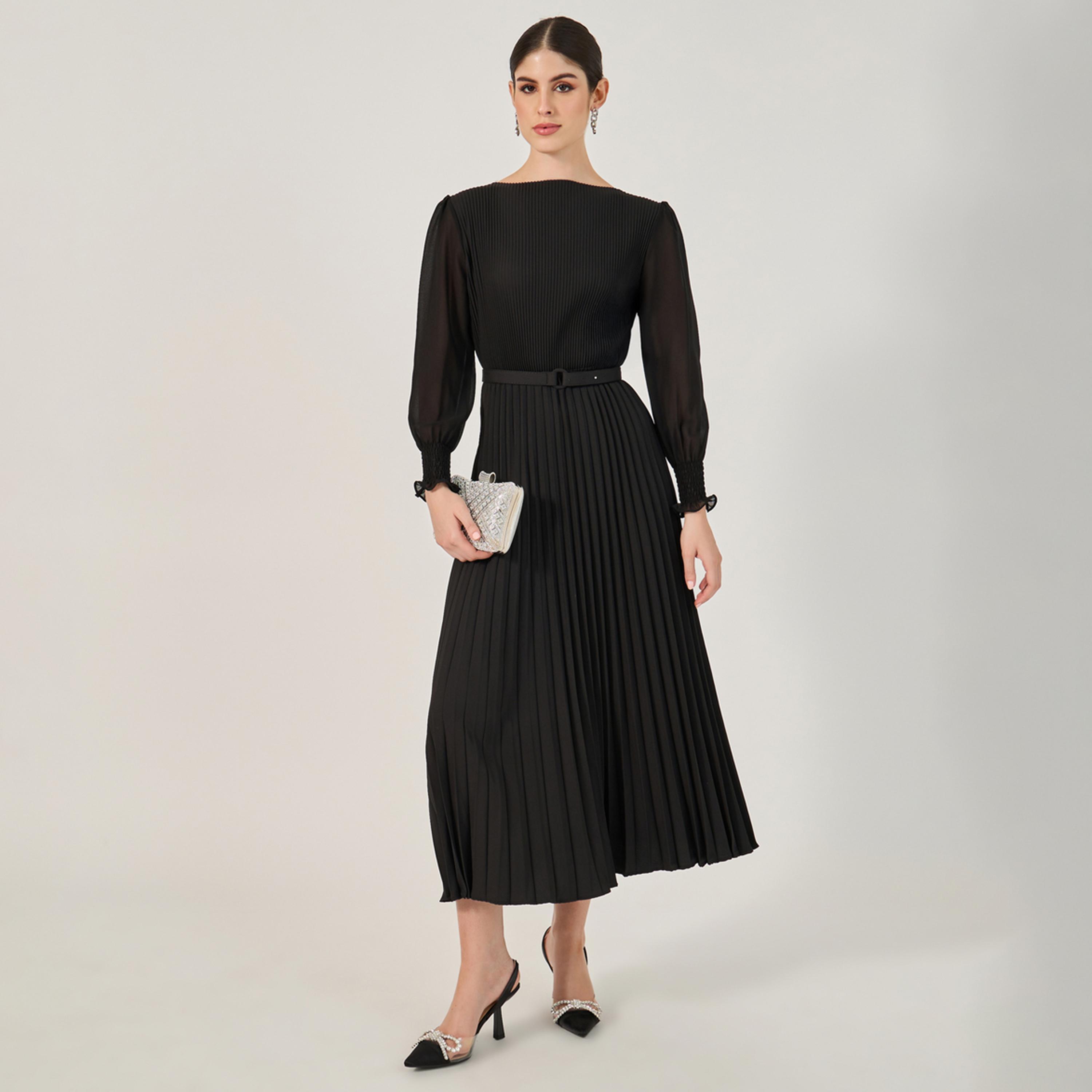 Styli Accordion Pleated Cuffed Sleeves A-Line Midi Dress-women-clothing-dresses-image-1