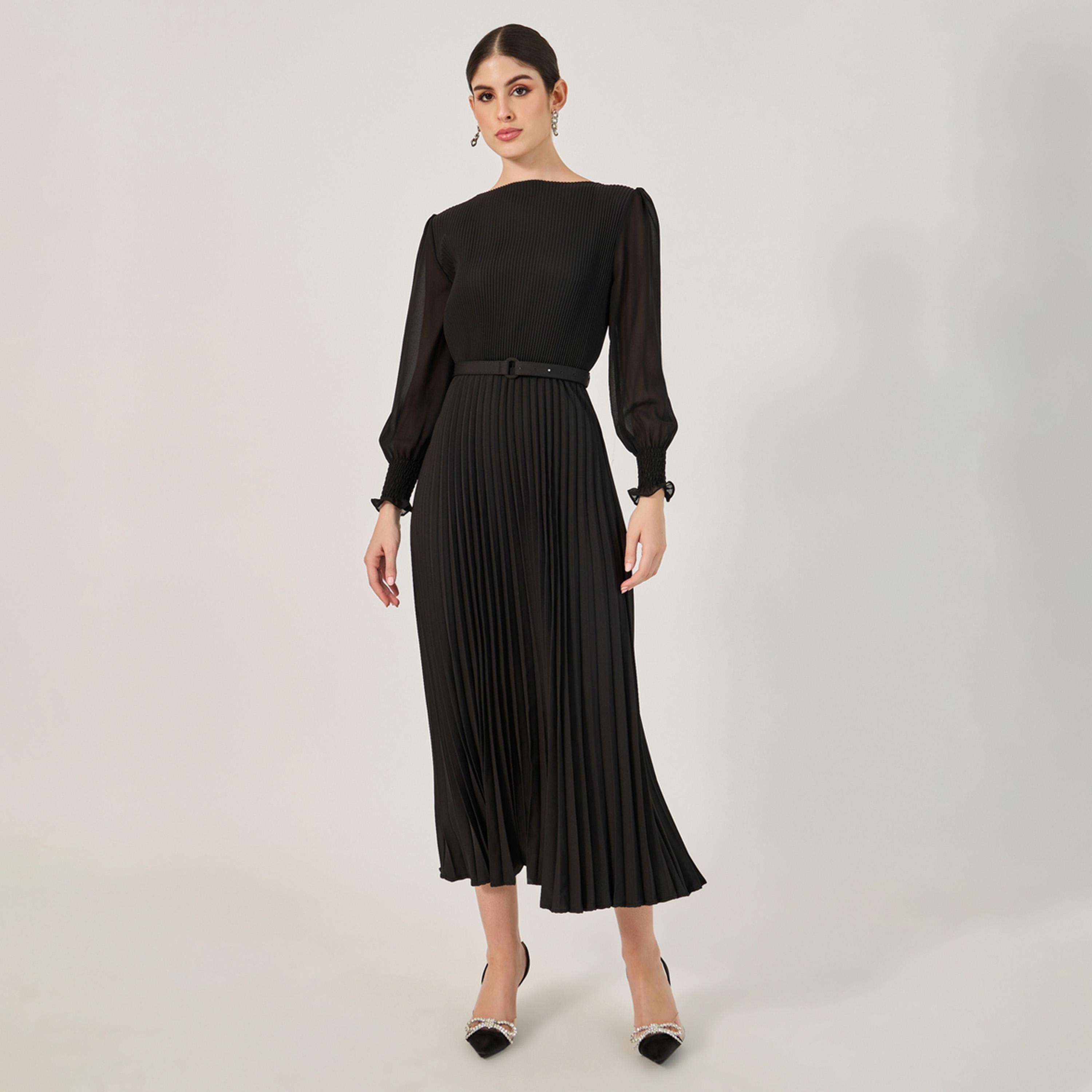 ستايلي - فستان ميدي كسرات بقصة A وأكمام بأساور-women-clothing-dresses-image-2