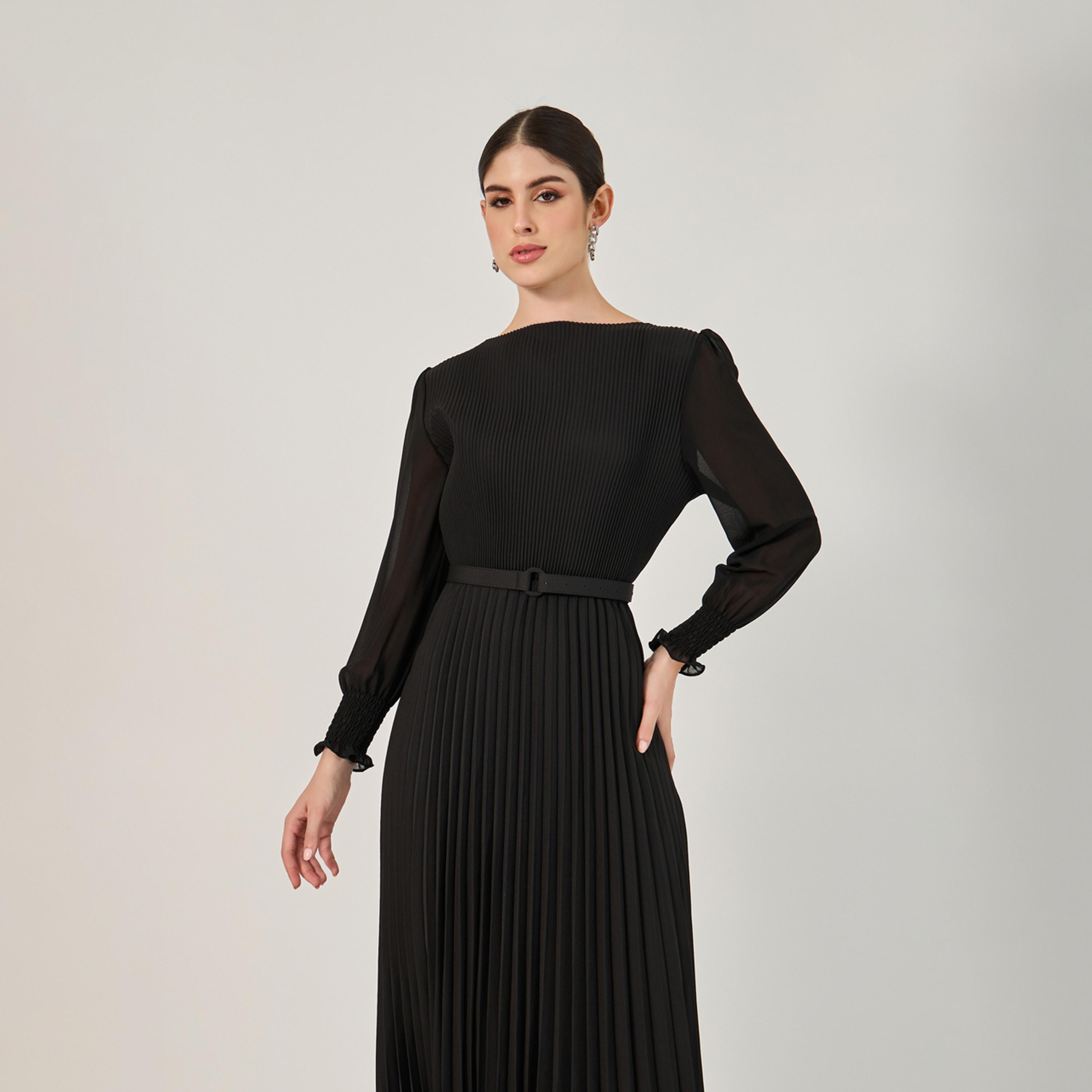 Styli Accordion Pleated Cuffed Sleeves A-Line Midi Dress-women-clothing-dresses-image-3