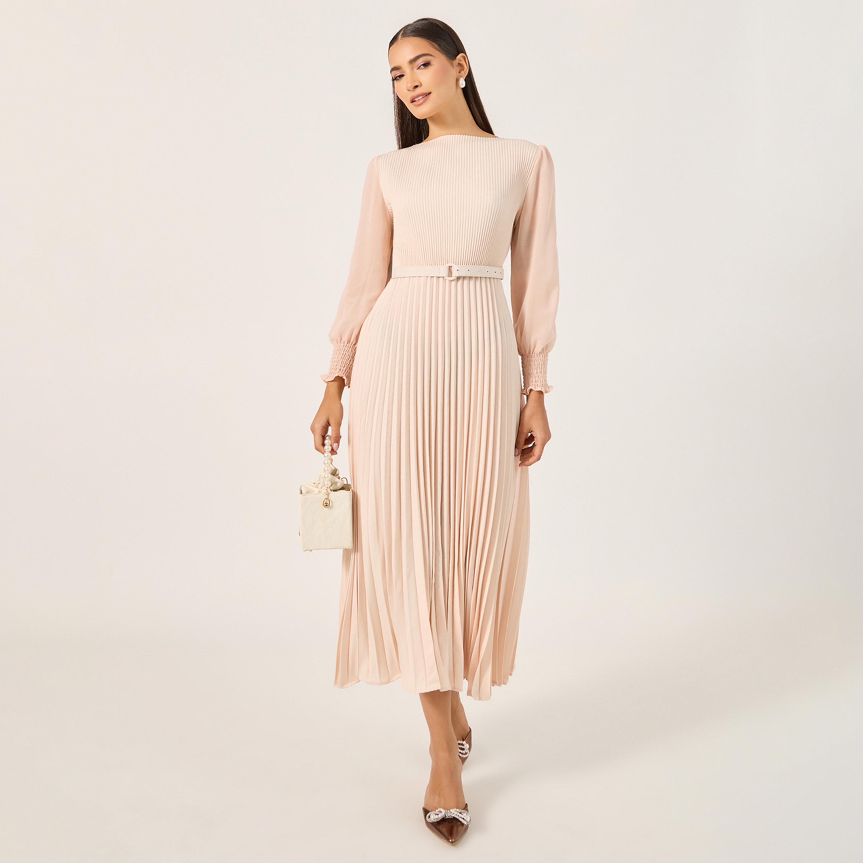 ستايلي - فستان ميدي كسرات بقصة A وأكمام بأساور-women-clothing-dresses-image-1
