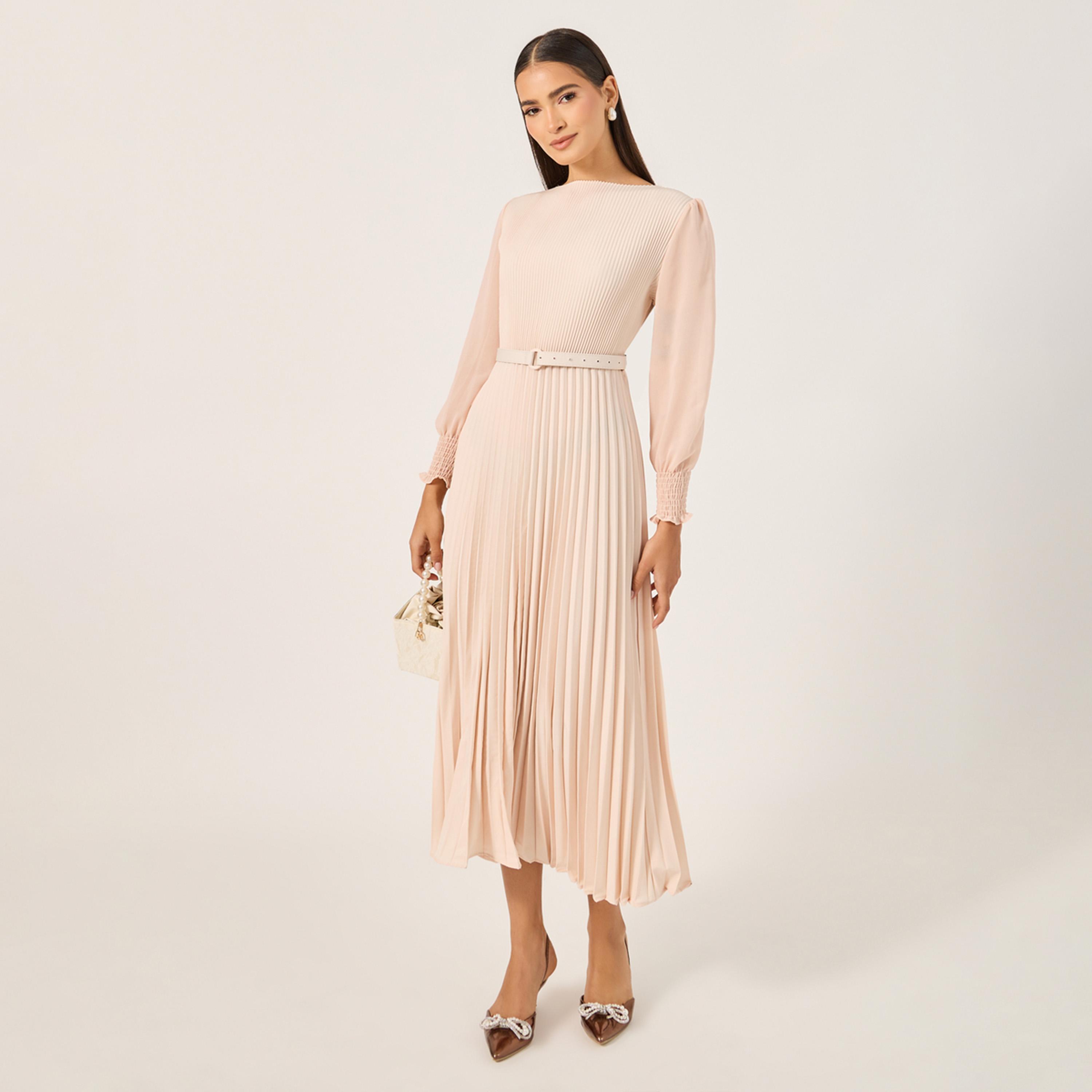 ستايلي - فستان ميدي كسرات بقصة A وأكمام بأساور-women-clothing-dresses-image-2