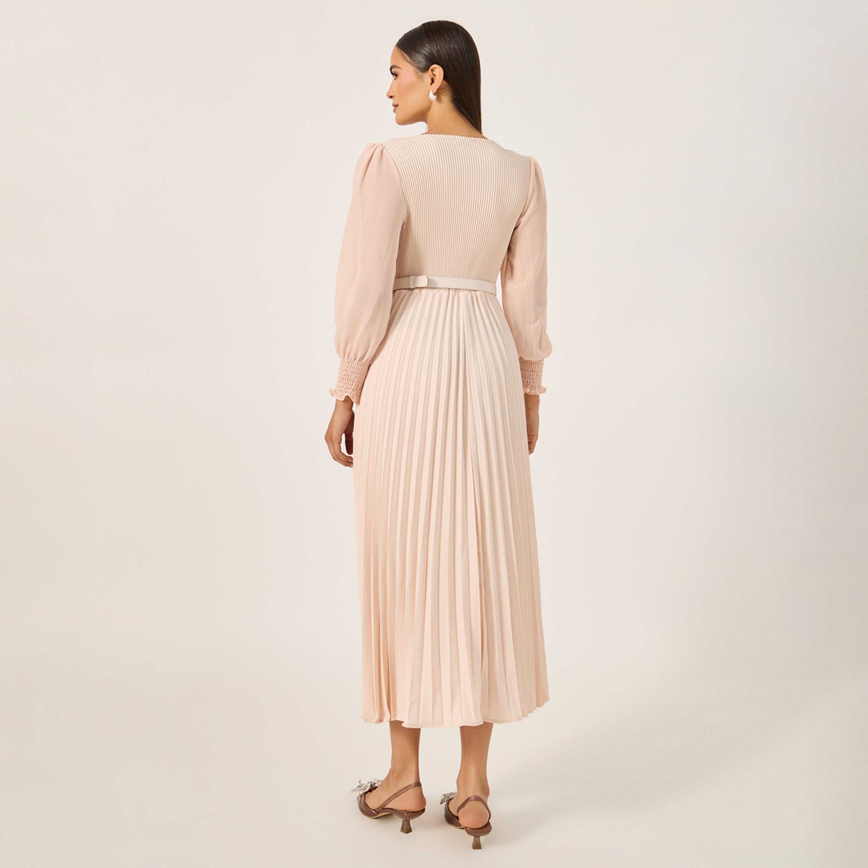 Styli Accordion Pleated Cuffed Sleeves A-Line Midi Dress-women-clothing-dresses-image-5