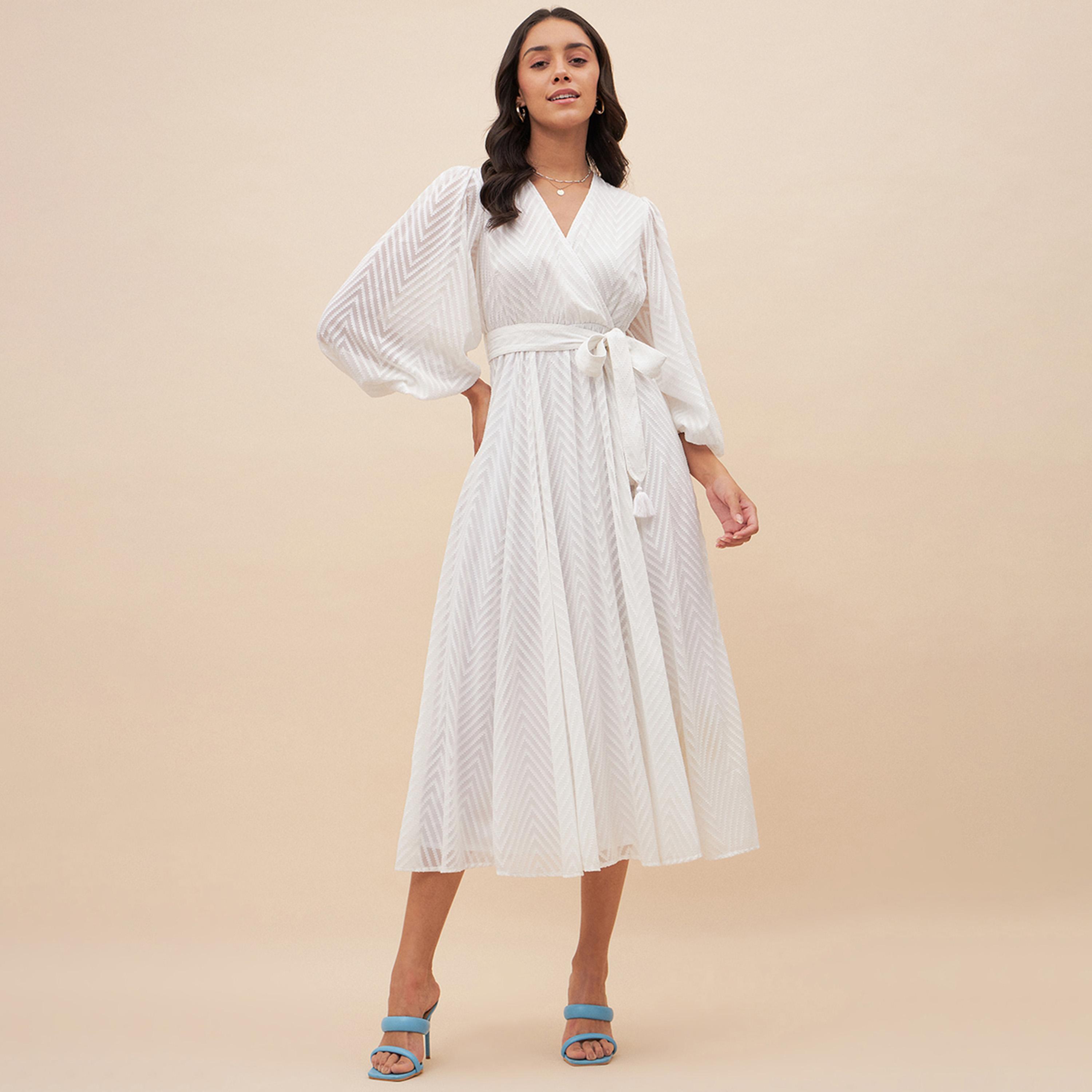 Femmella X Styli Textured Dobby Wrap Midi Dress With Waist Tie Detail-women-clothing-dresses-image-1
