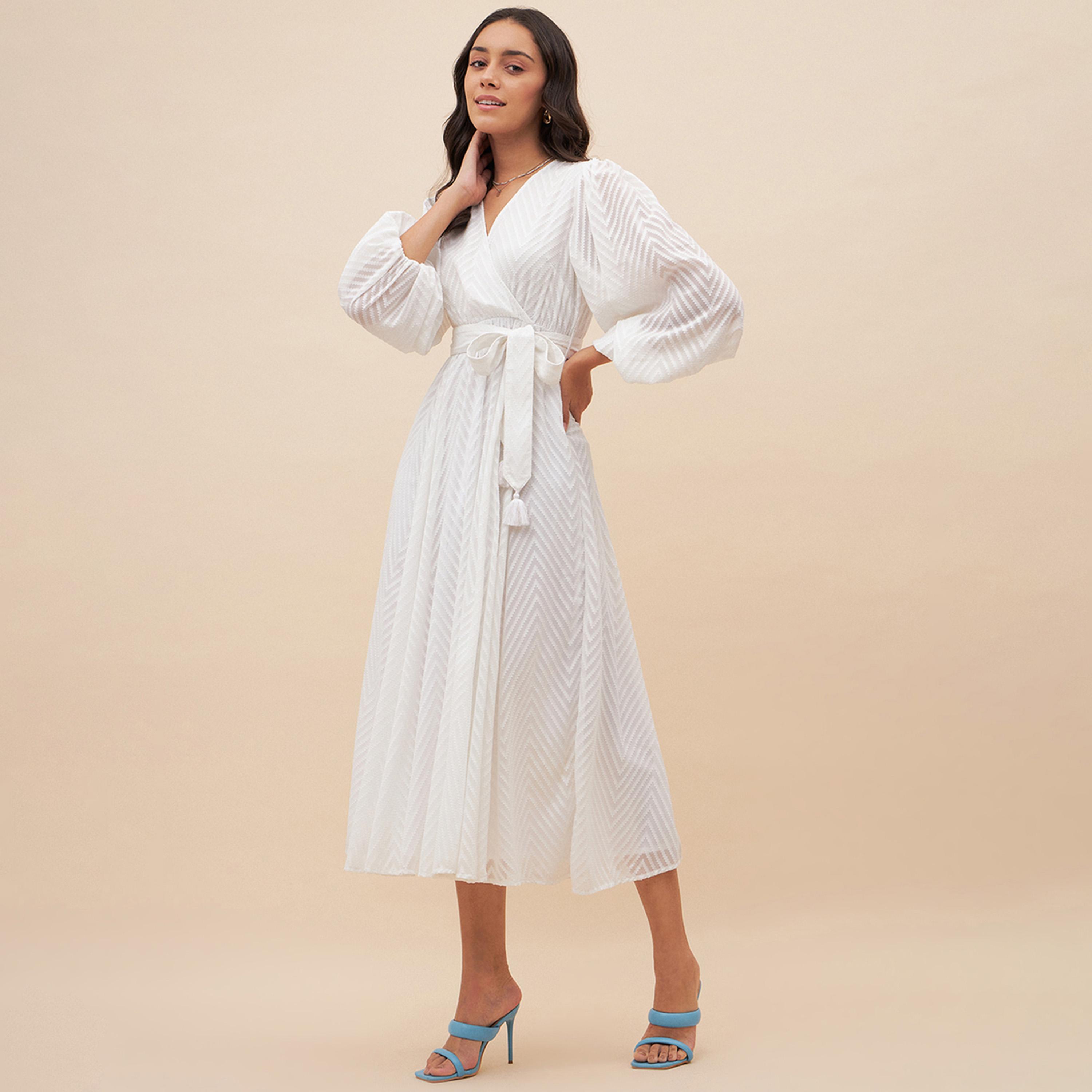 Femmella X Styli Textured Dobby Wrap Midi Dress With Waist Tie Detail-women-clothing-dresses-image-2