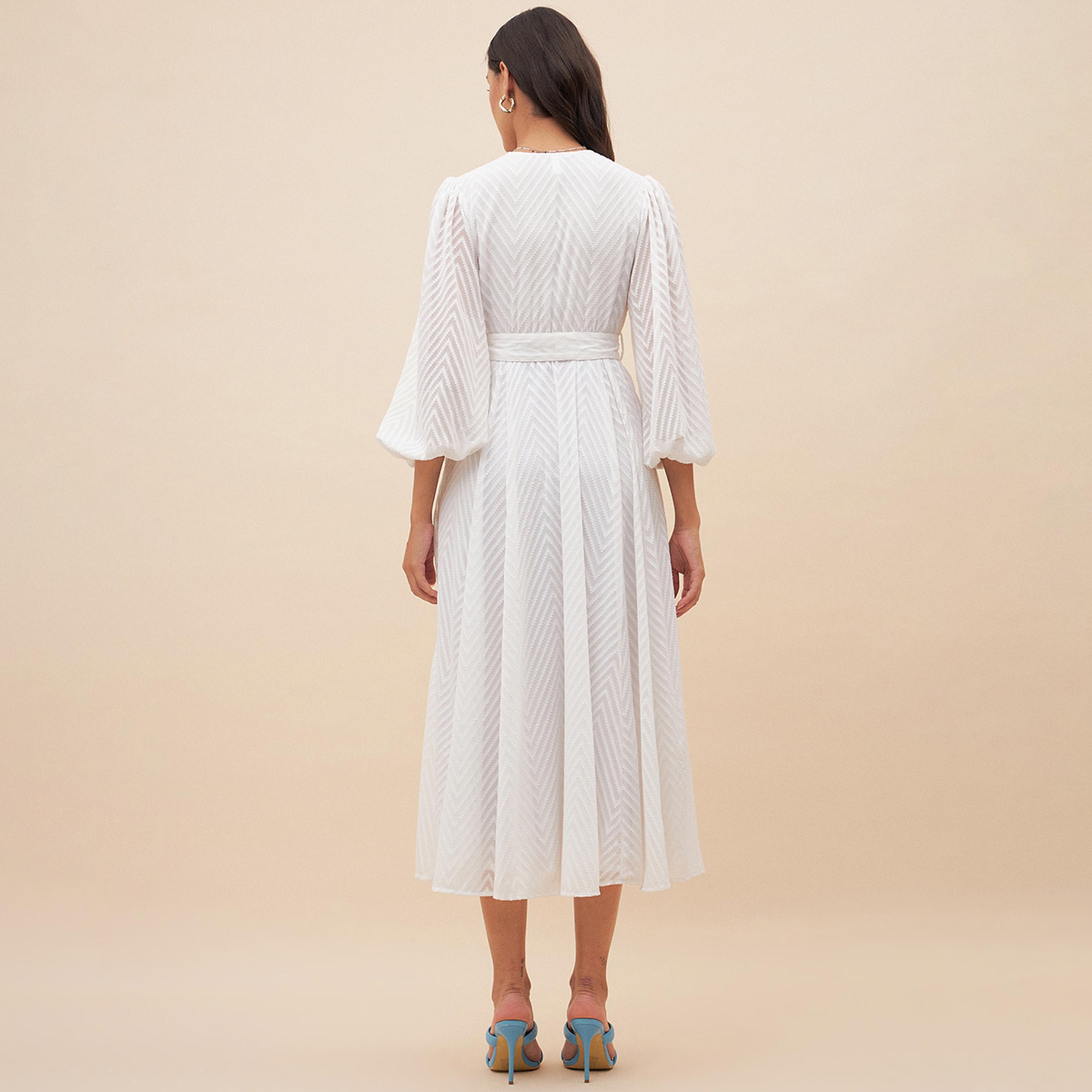 Femmella X Styli Textured Dobby Wrap Midi Dress With Waist Tie Detail-women-clothing-dresses-image-3