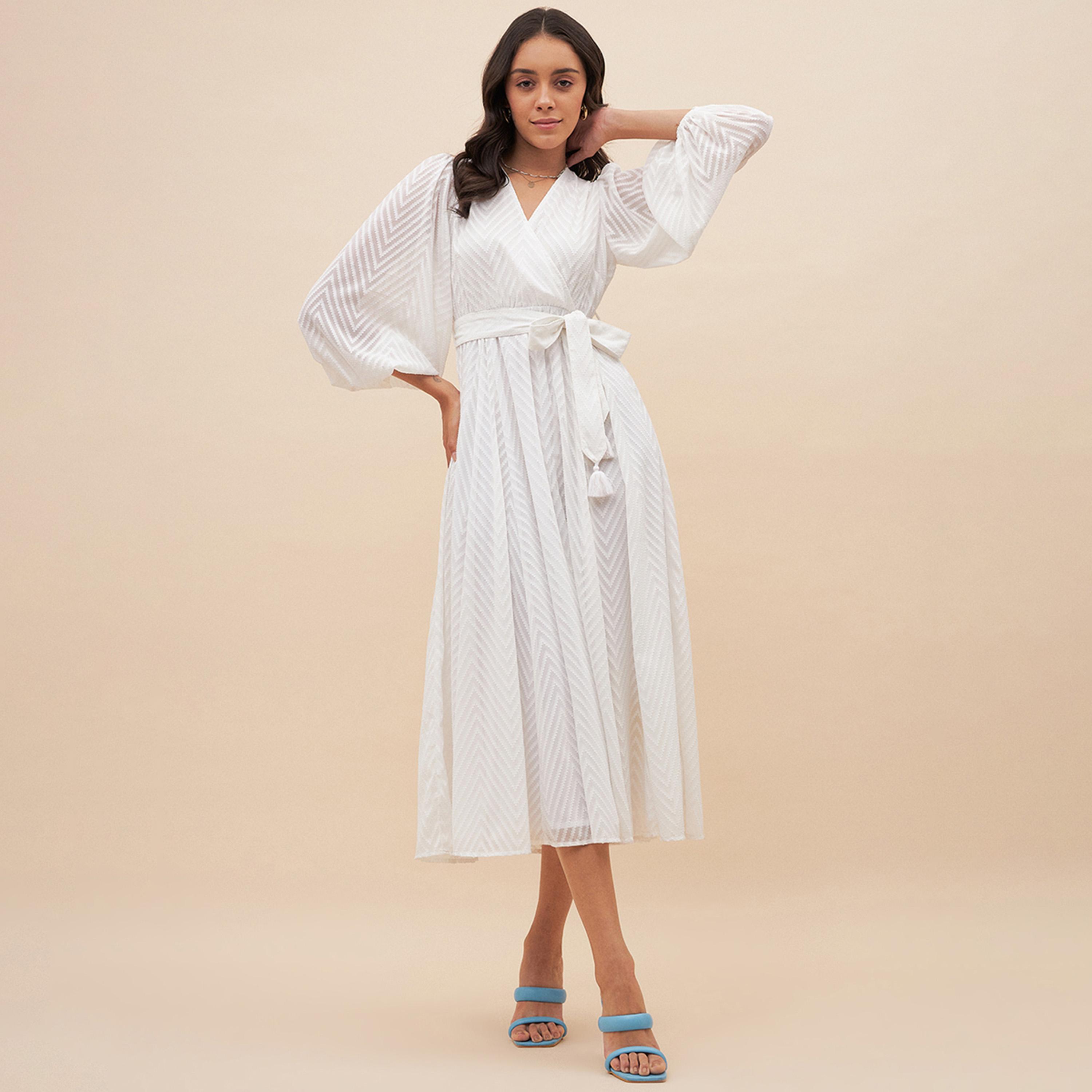 Femmella X Styli Textured Dobby Wrap Midi Dress With Waist Tie Detail-women-clothing-dresses-image-5