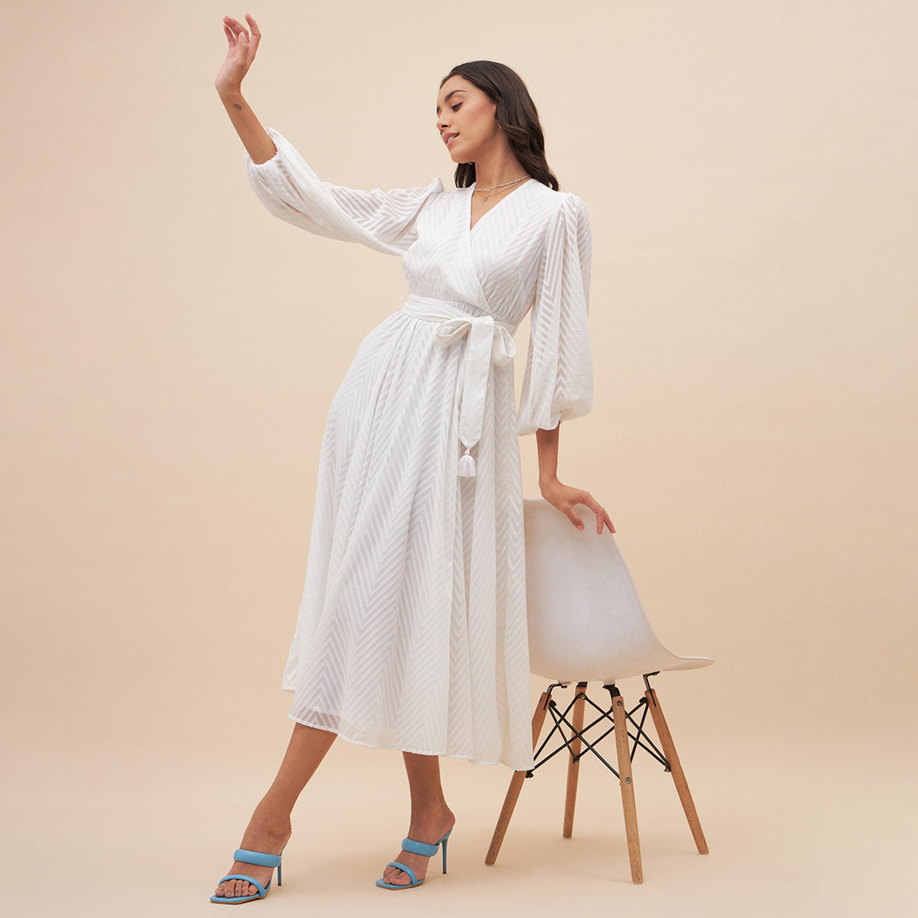 Femmella X Styli Textured Dobby Wrap Midi Dress With Waist Tie Detail-women-clothing-dresses-image-6