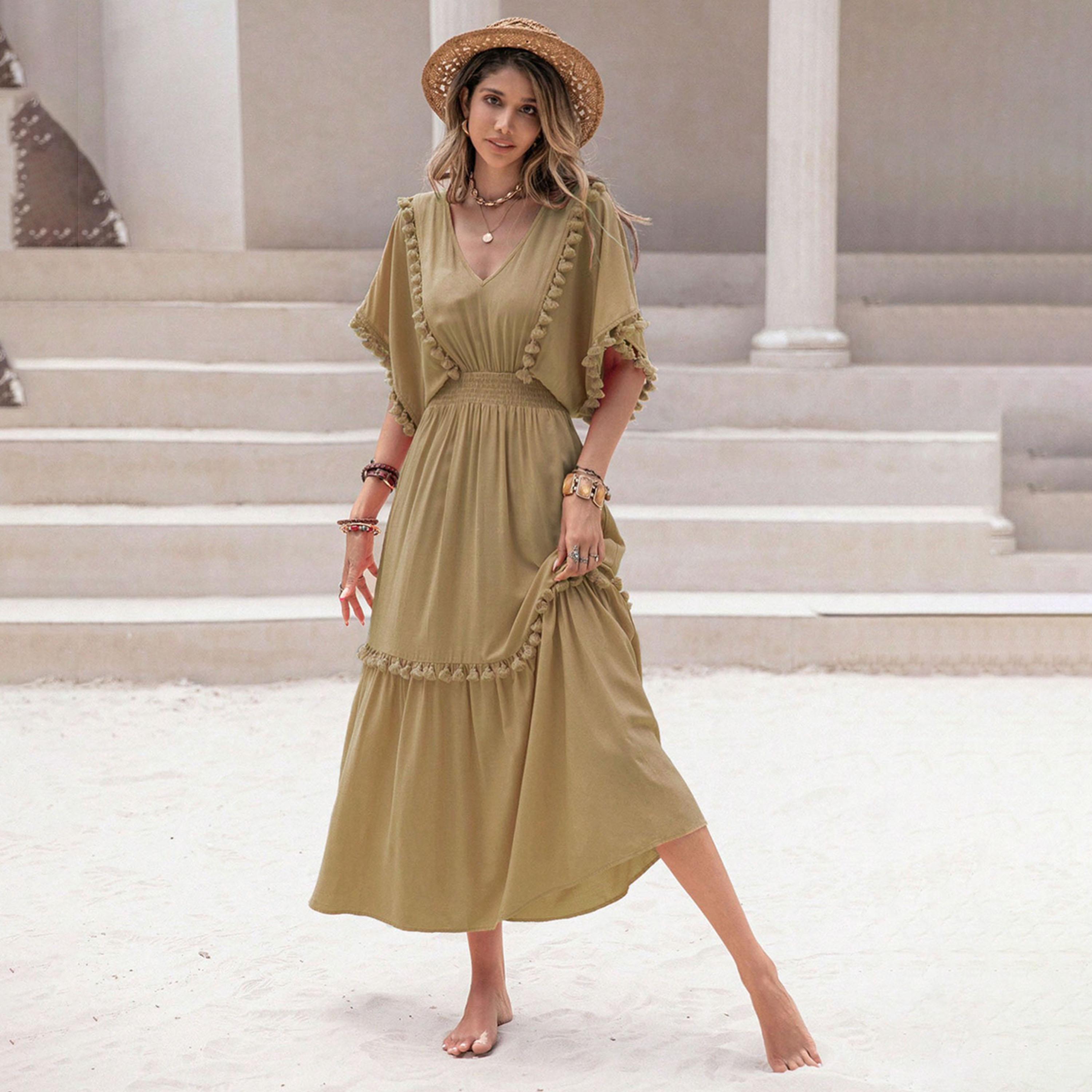 Russty Dustty X Styli Womens V Neck Solid Trim Detail Maxi Dress-women-clothing-dresses-image-1